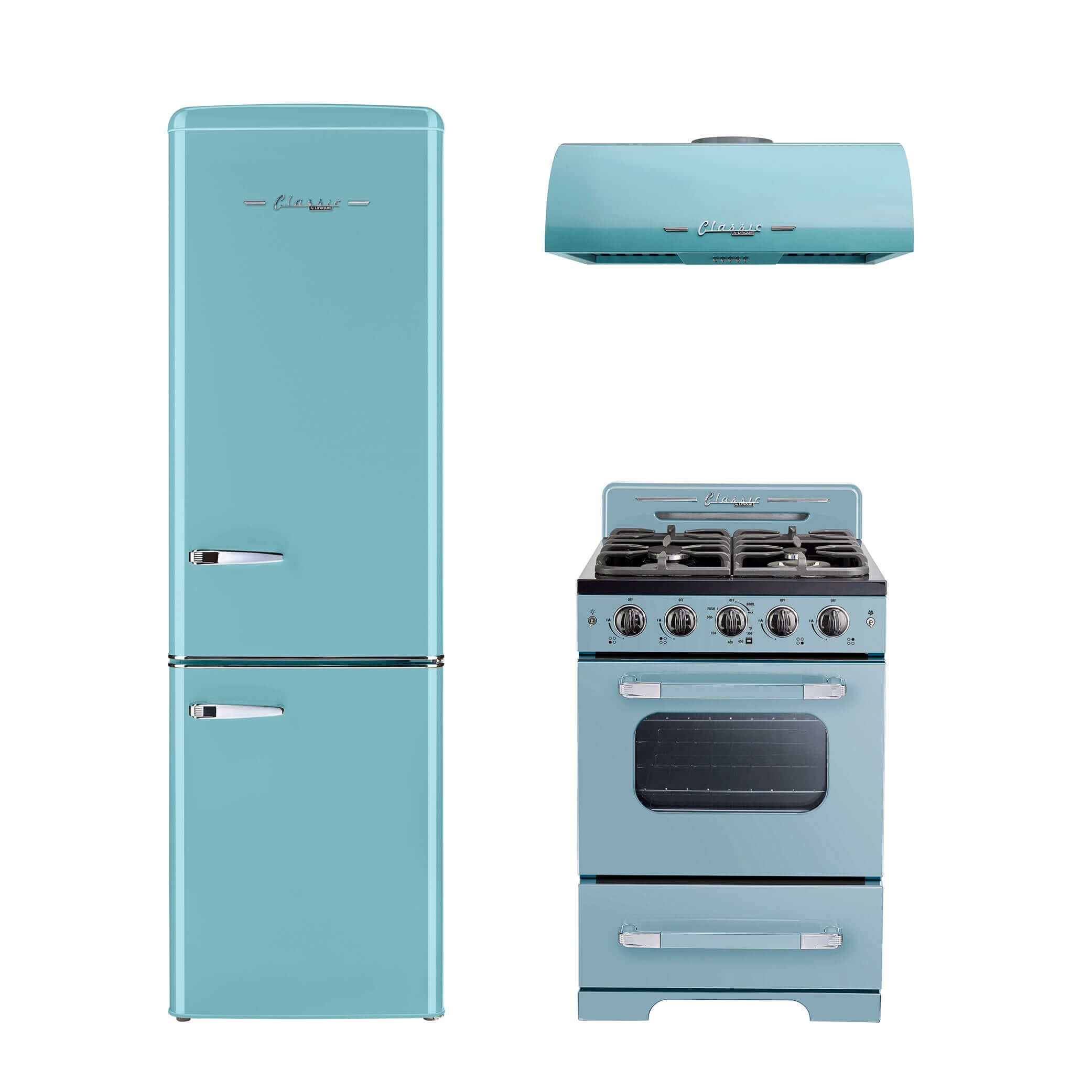 Unique 24" Classic Retro Range Hood with matching fridge and stove, aqua color, ideal for vintage-style kitchens available at Cabin Depot.