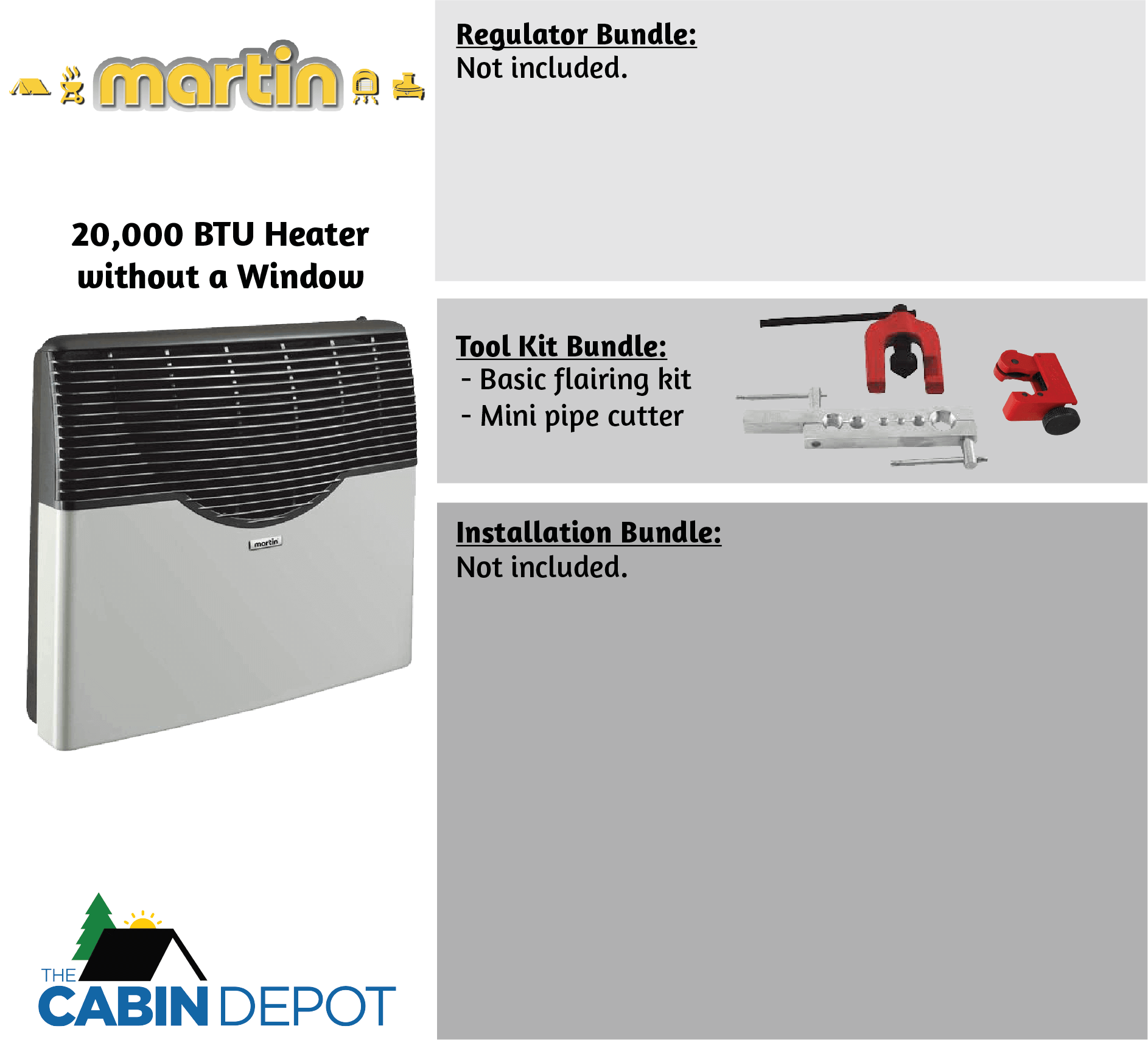 Martin 20,000 BTU Direct Vent Propane Heater, no window, tool kit included, available at The Cabin Depot.