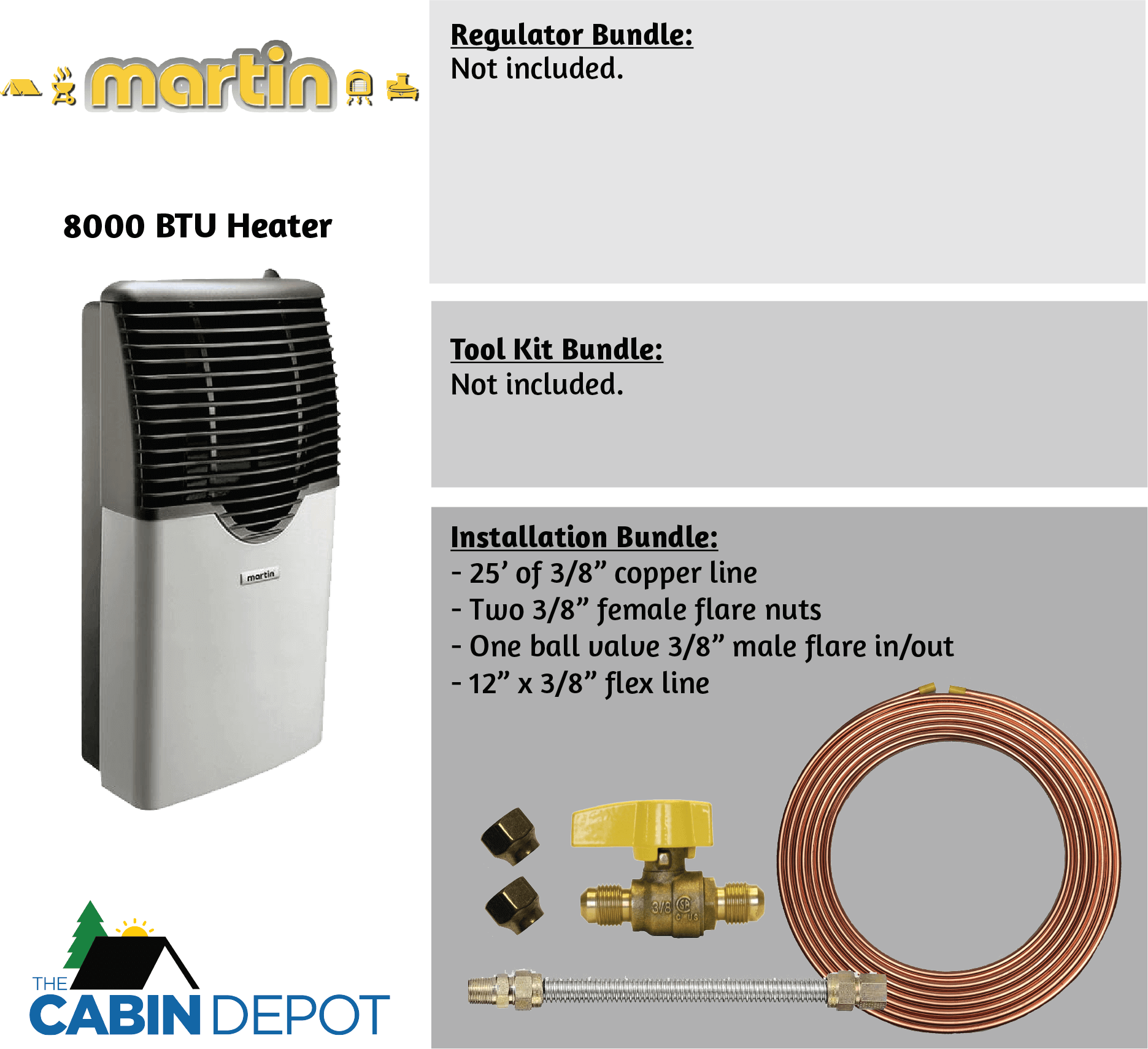 Martin 8000 BTU Propane Heater with installation bundle from Cabin Depot. No electricity needed, perfect for off-grid heating.