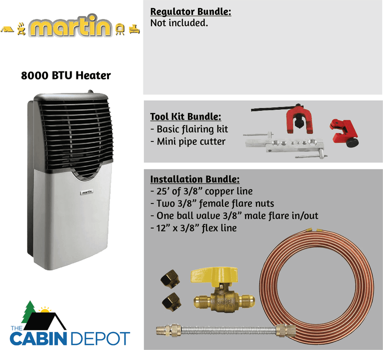 Martin 8000 BTU Direct Vent Propane Heater MDV8P, installation kit and tool kit options, available at The Cabin Depot.