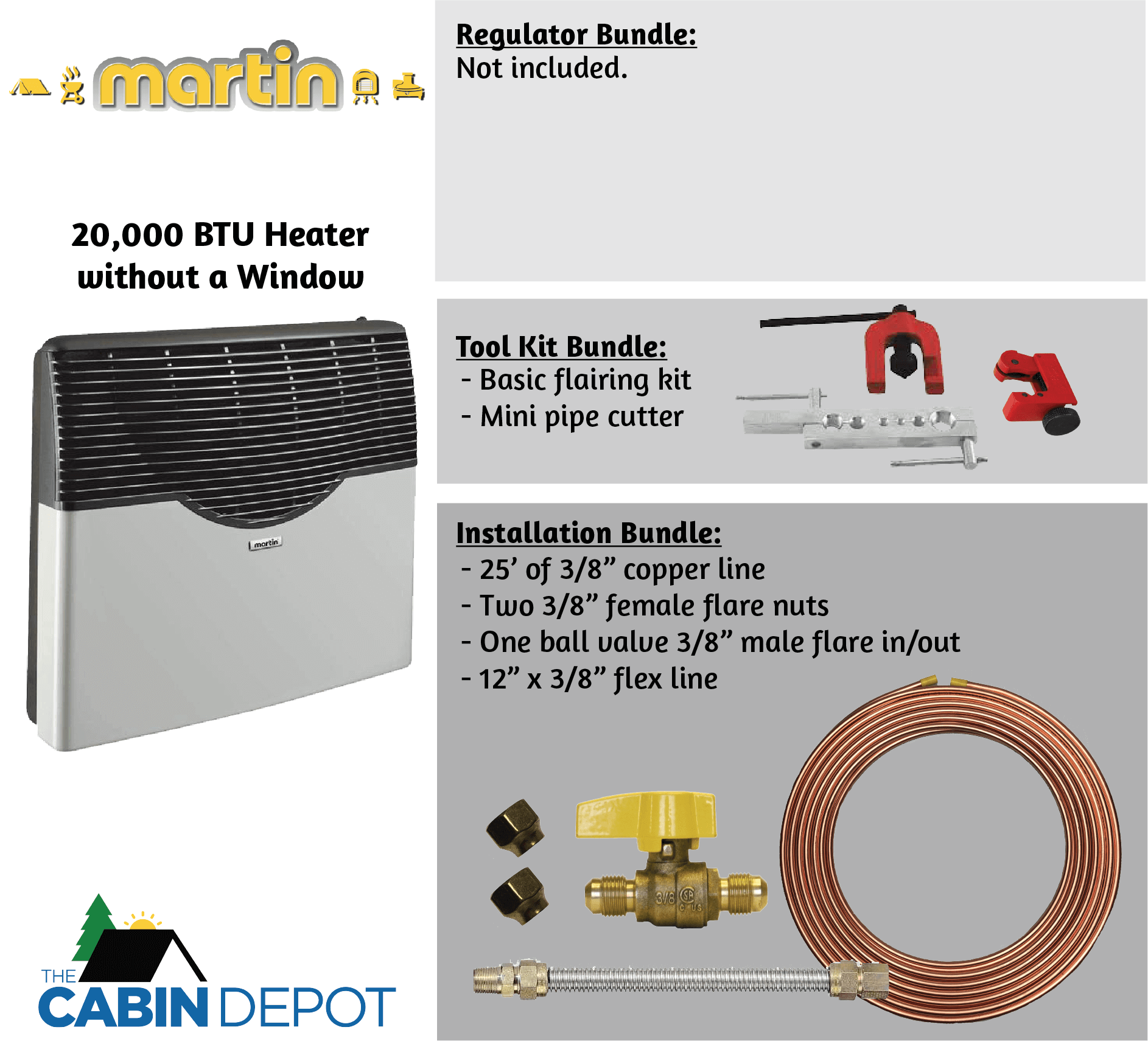 Martin 20,000 BTU Direct Vent Propane Heater without Window, accessory bundles, The Cabin Depot.