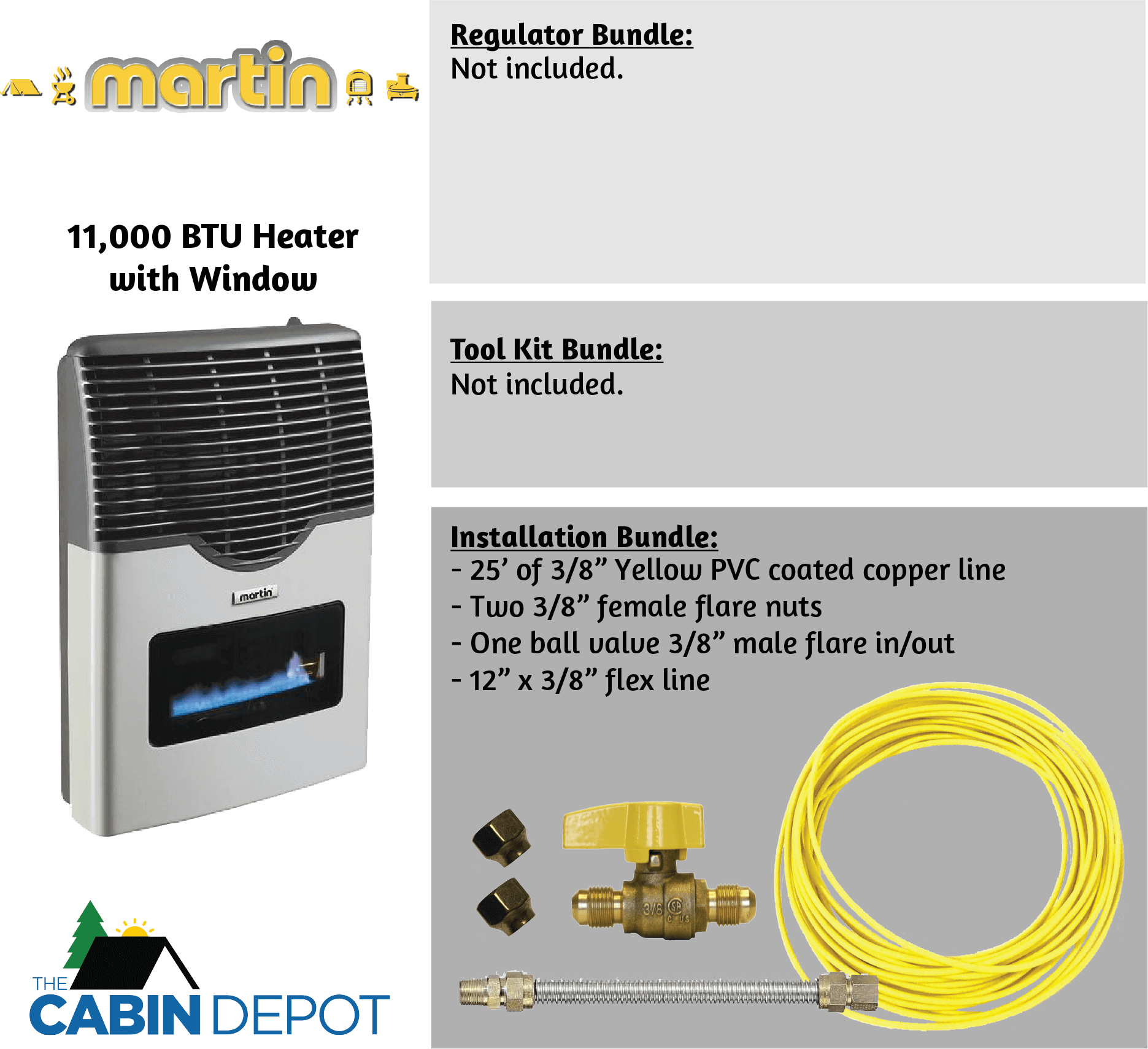 Martin 11,000 BTU Propane Heater with Window, accessories excluded, features Cabin Depot installation bundle, off-grid heating solution.