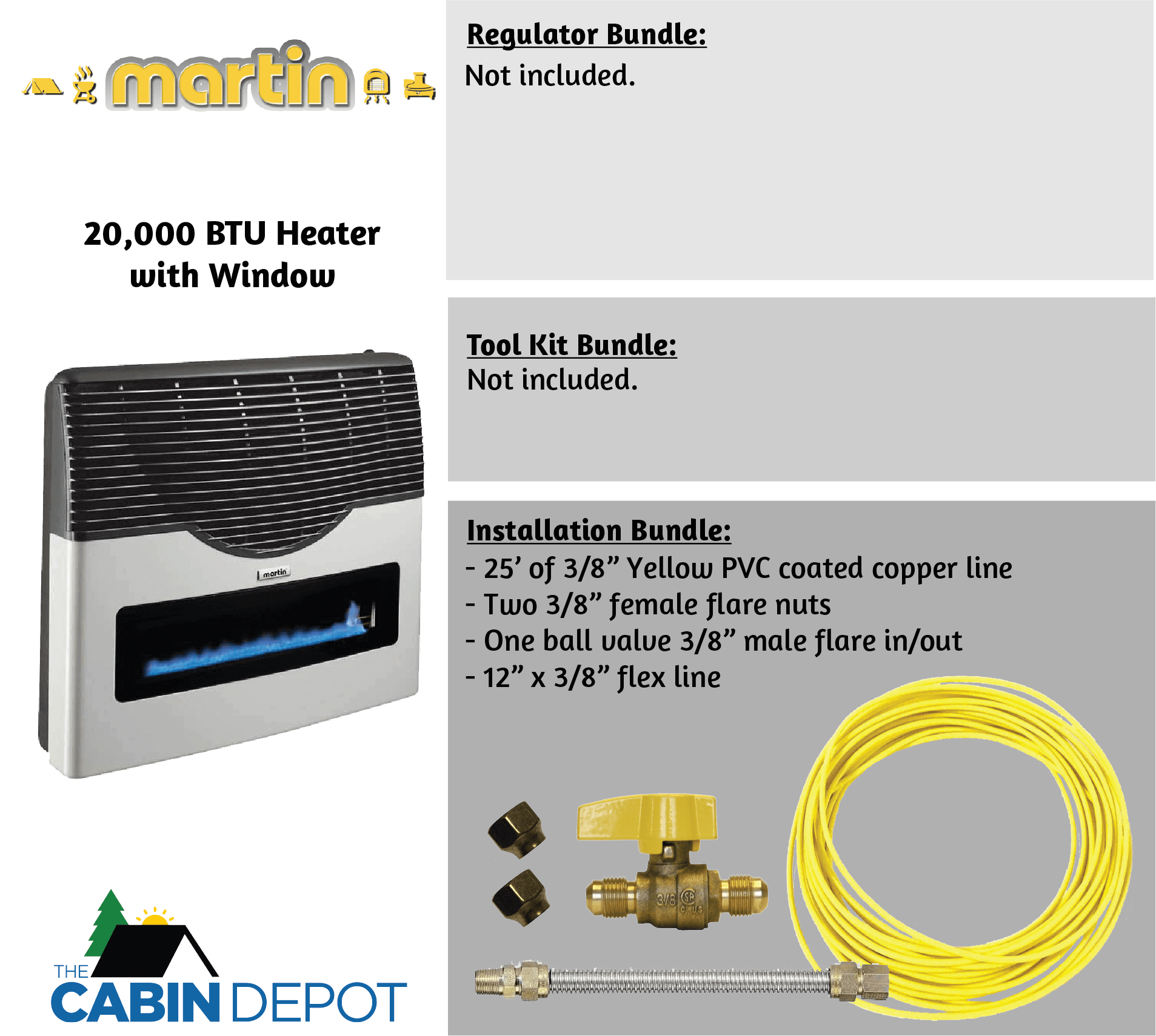 Martin 20,000 BTU Direct Vent Propane Heater with installation kit, available at The Cabin Depot.