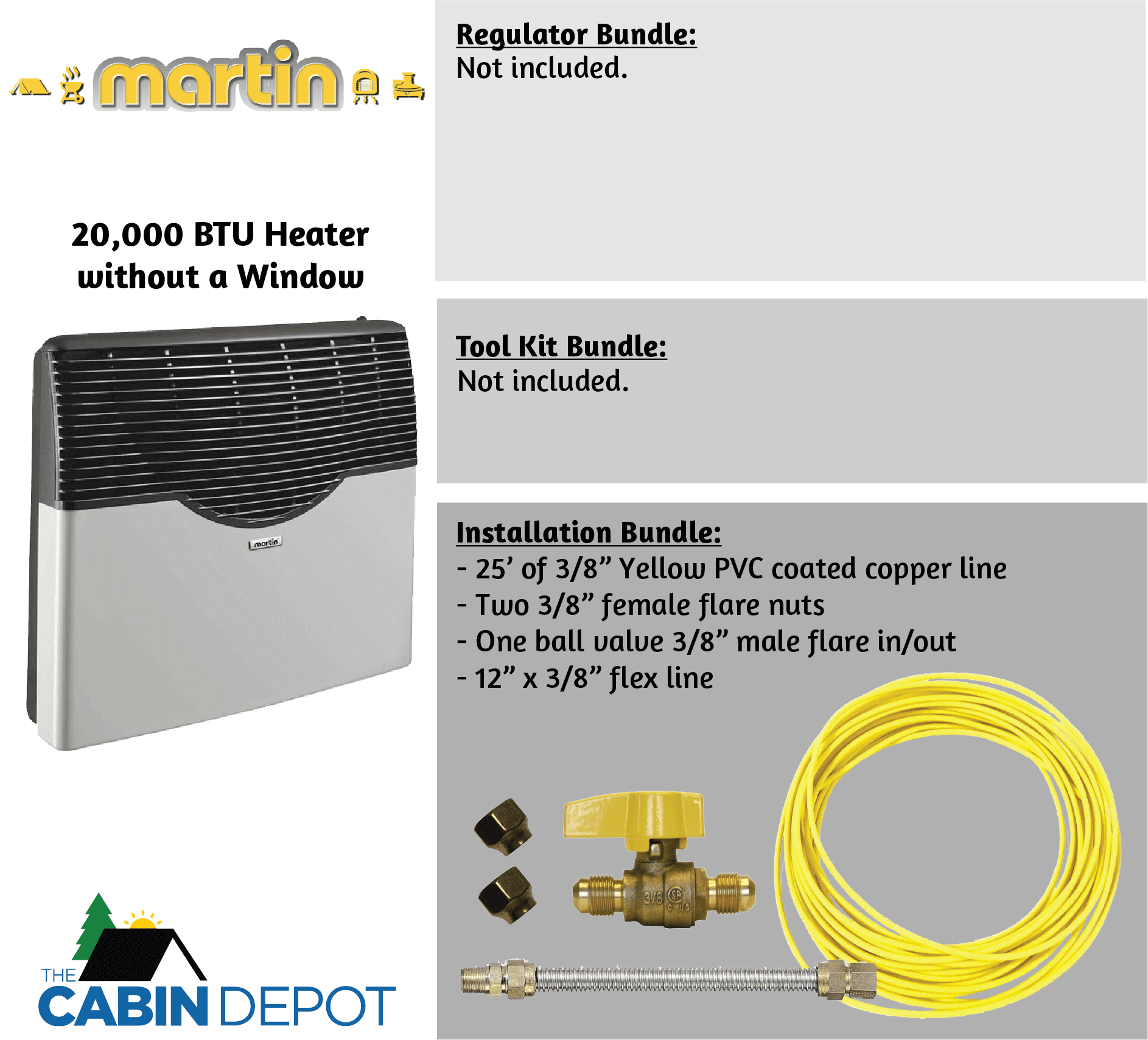 Martin 20,000 BTU Direct Vent Propane Heater with installation bundle offered by The Cabin Depot.