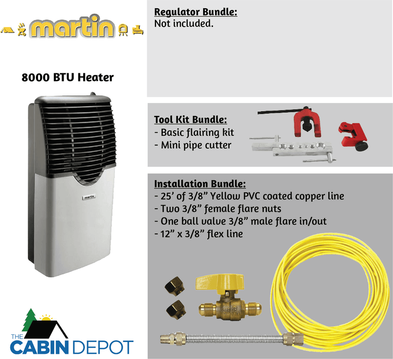 Martin 8000 BTU Propane Heater with installation kit, ideal for off-grid heating. Available at Cabin Depot. Free shipping in Canada.