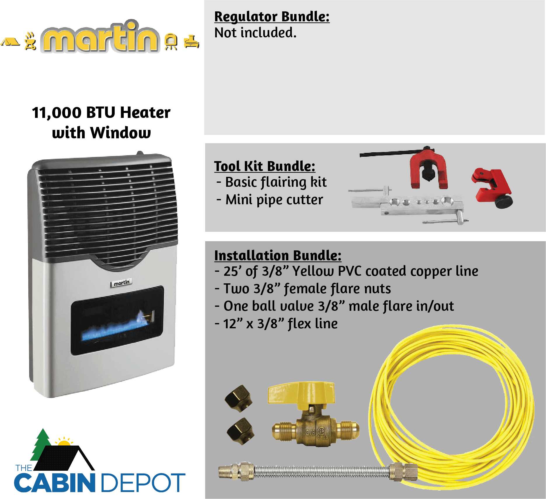 Martin 11,000 BTU Propane Heater with Window, tool kit and installation bundle at Cabin Depot.