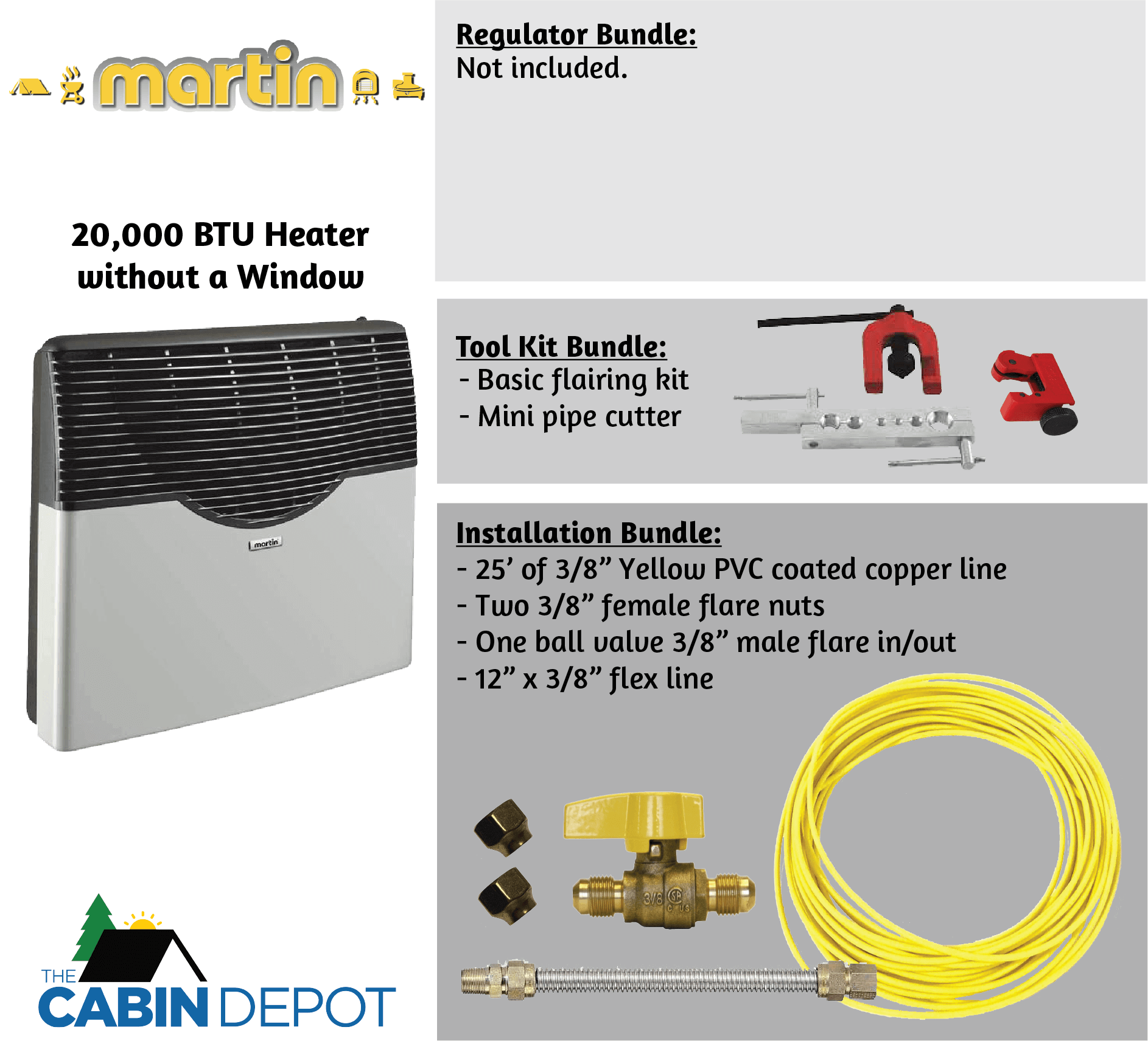 Martin 20,000 BTU Propane Heater from The Cabin Depot, tool kit and installation bundle shown.