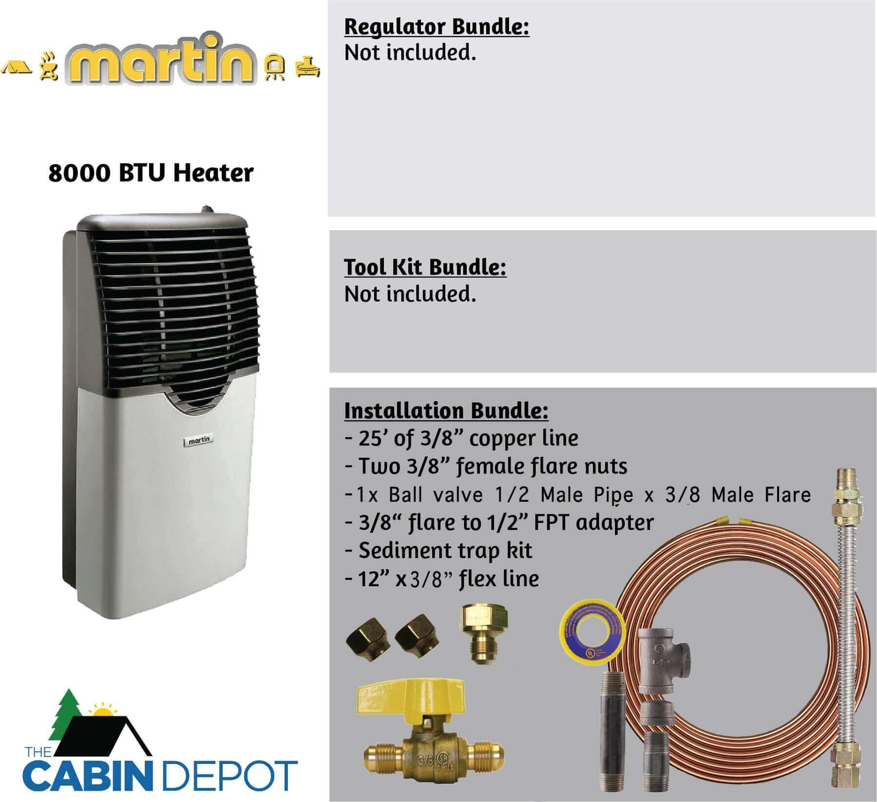 Martin 8000 BTU Direct Vent Propane Heater with installation components at The Cabin Depot