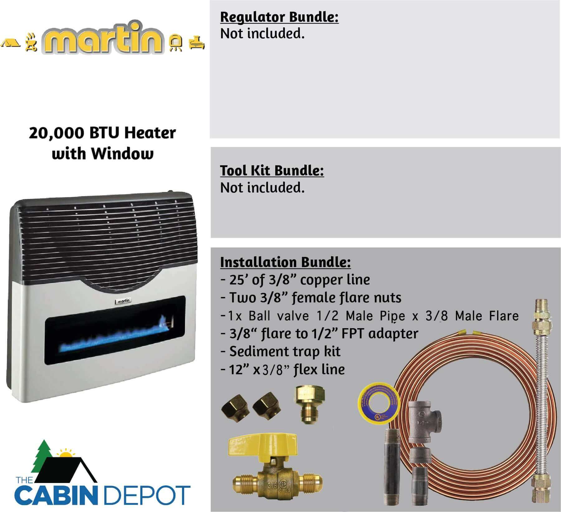 Martin 20,000 BTU Direct Vent Propane Heater with accessories, available at Cabin Depot. Perfect for off-grid heating solutions.
