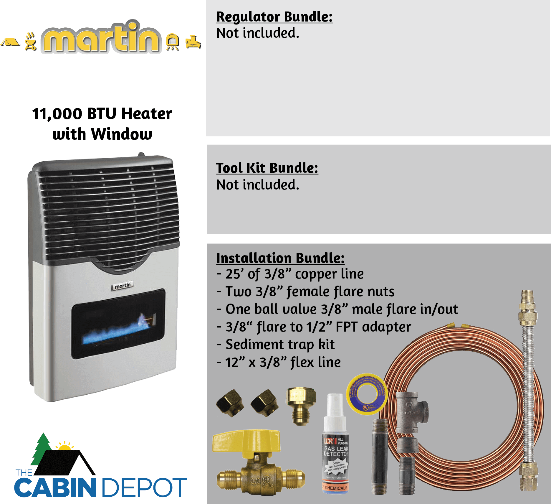 Martin 11,000 BTU Direct Vent Propane Heater with ceramic glass window, installation kit, ideal for off-grid heating at The Cabin Depot.