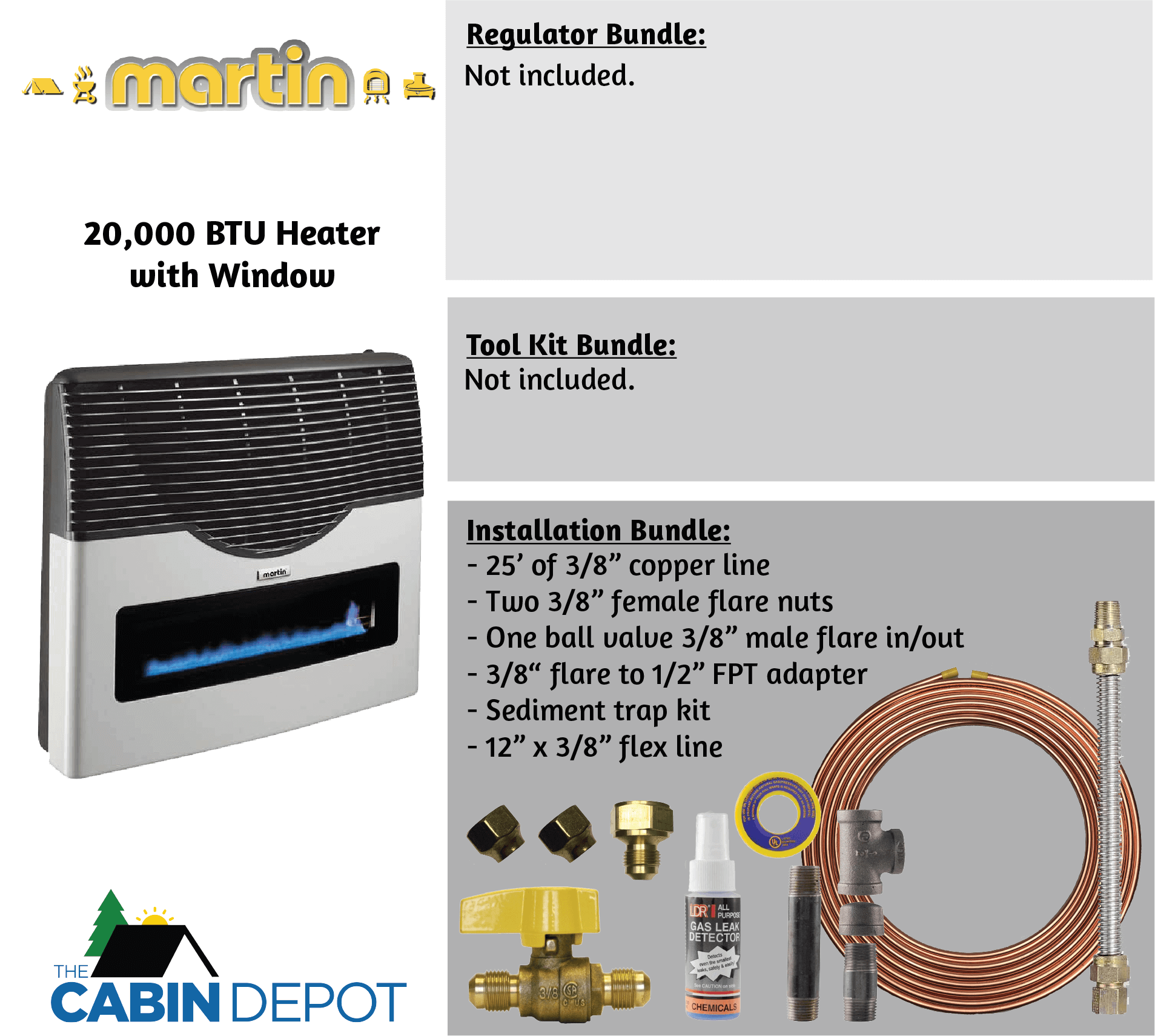 Martin 20,000 BTU Direct Vent Propane Heater with installation kit, available at Cabin Depot for off-grid use.