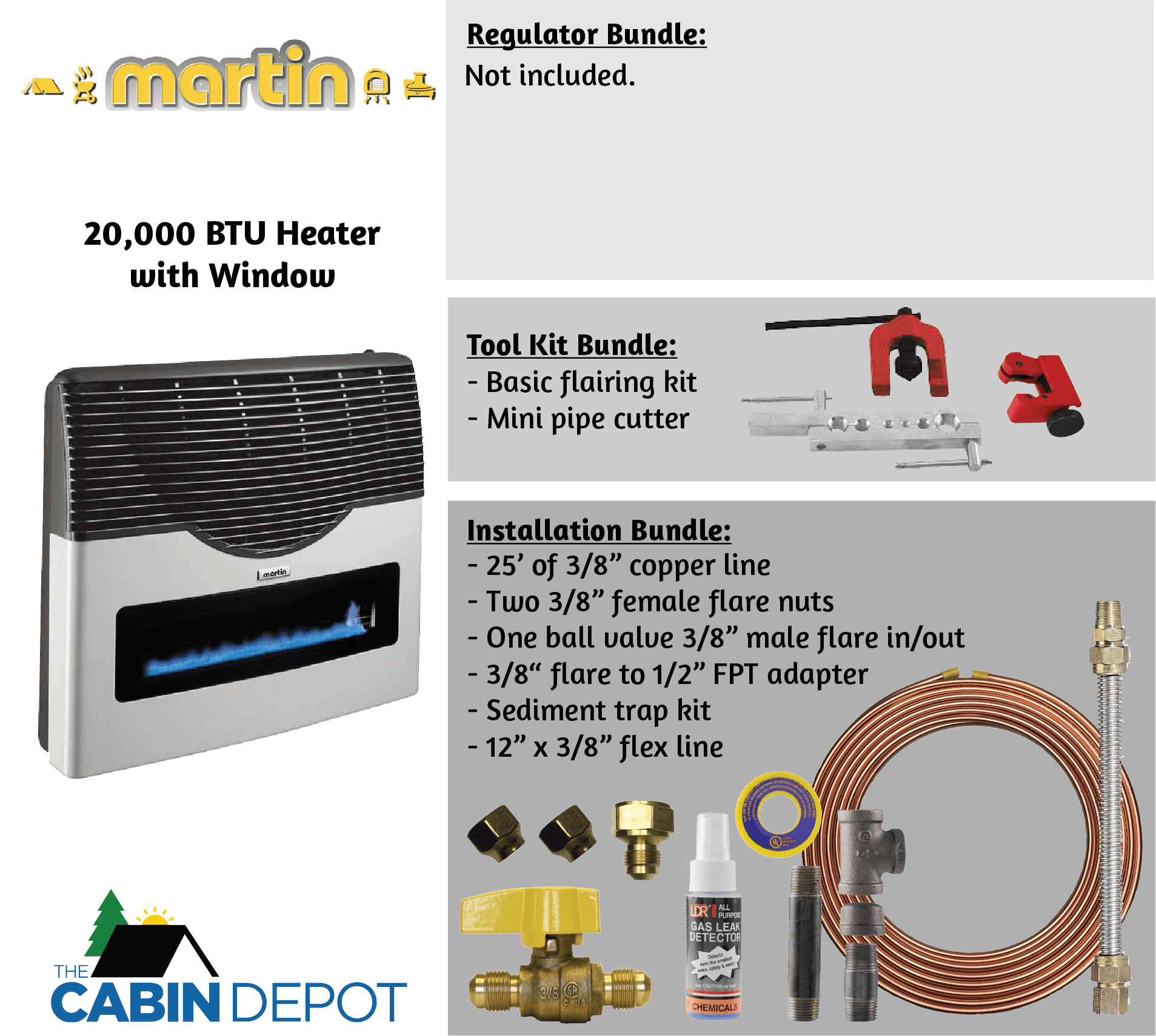 Martin 20,000 BTU Direct Vent Heater Packages - The Cabin Depot offers installation tools, ideal for off-grid use, no electricity required.