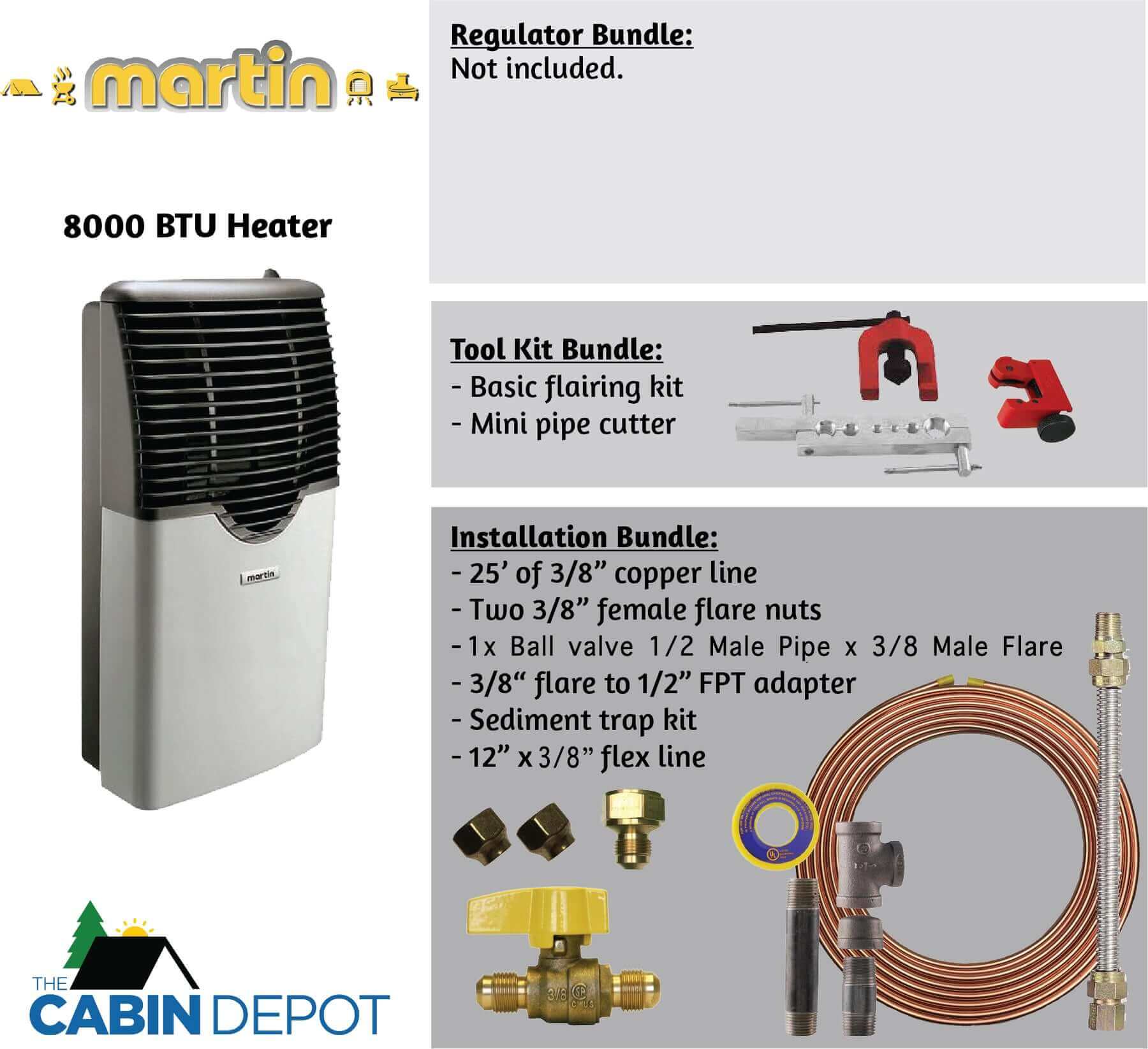 Martin 8,000 BTU Direct Vent Propane Heater with installation and tool kit bundles from The Cabin Depot