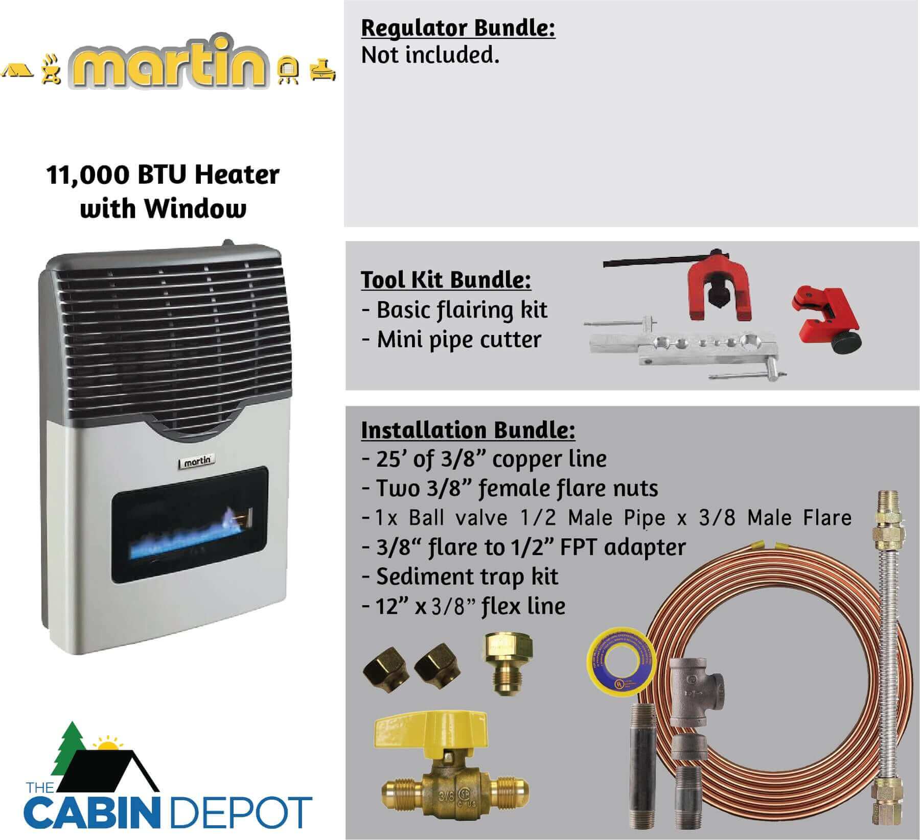 Martin 11,000 BTU Direct Vent Propane Heater with installation kit from The Cabin Depot; CSA certified, perfect for off-grid cabins.