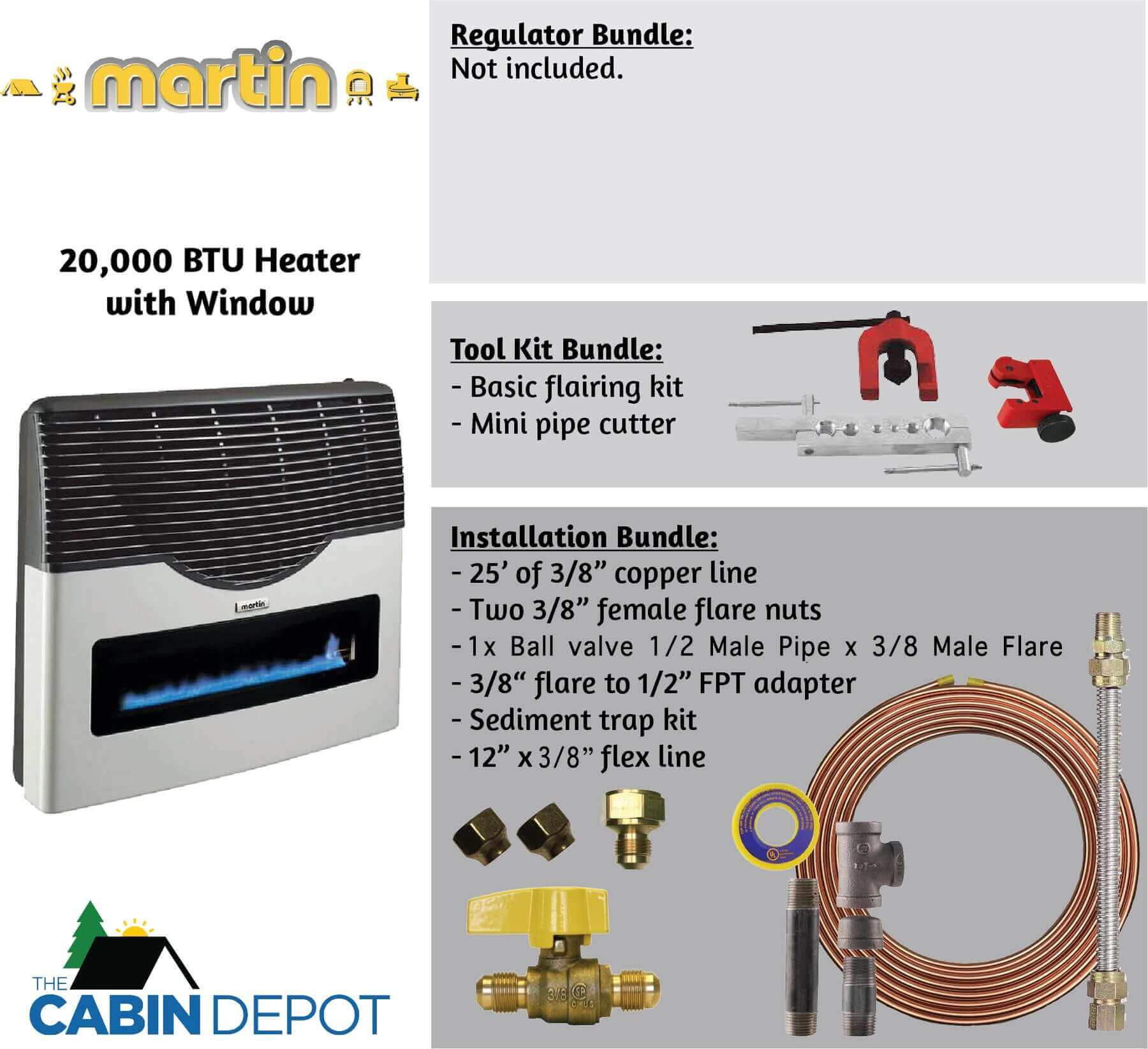 Martin 20,000 BTU propane heater, tool kit, and installation bundle; perfect for off-grid cabins. Available at The Cabin Depot.