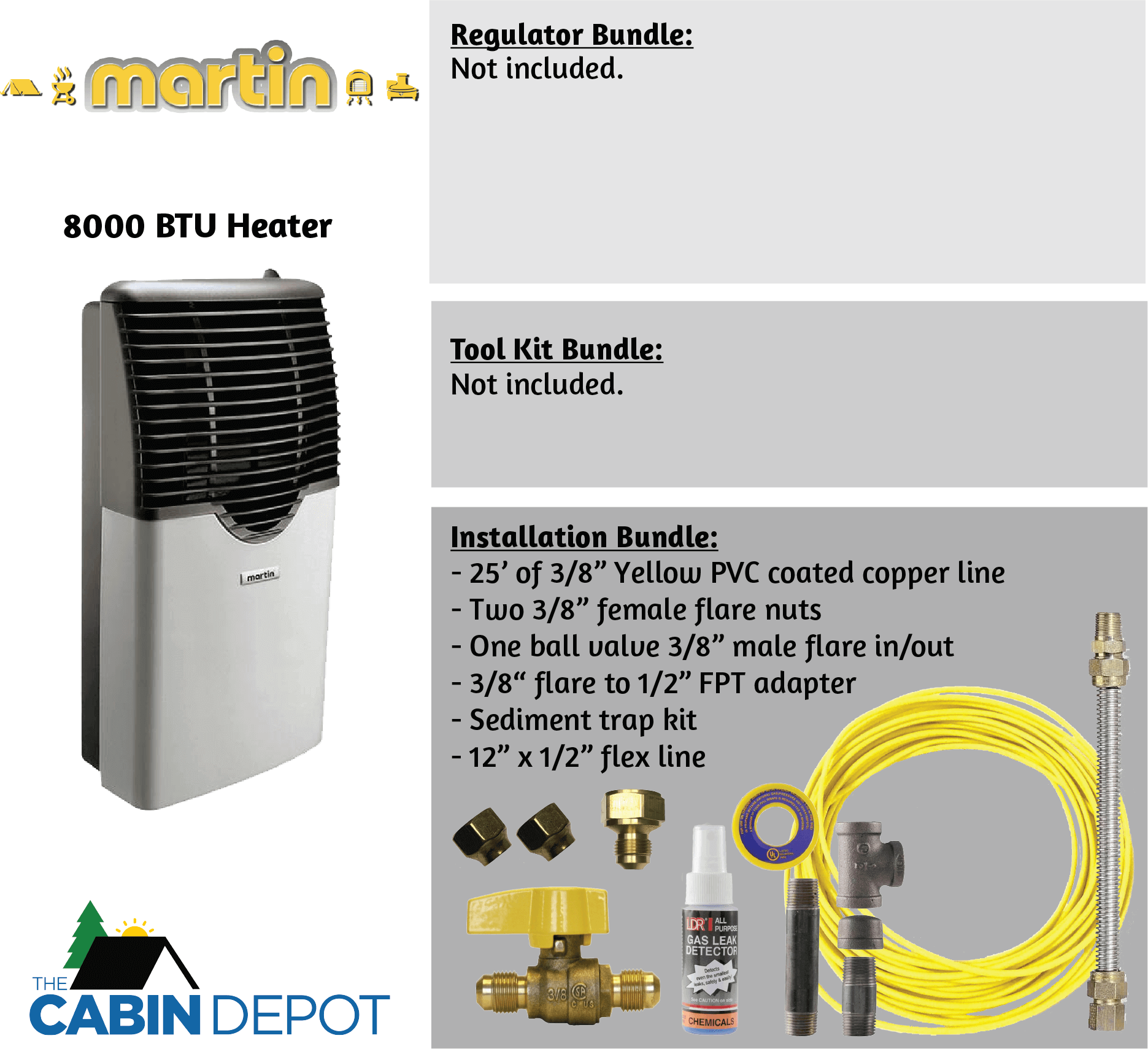 Martin 8000 BTU propane heater with installation bundle, available at Cabin Depot for off-grid heating solutions.