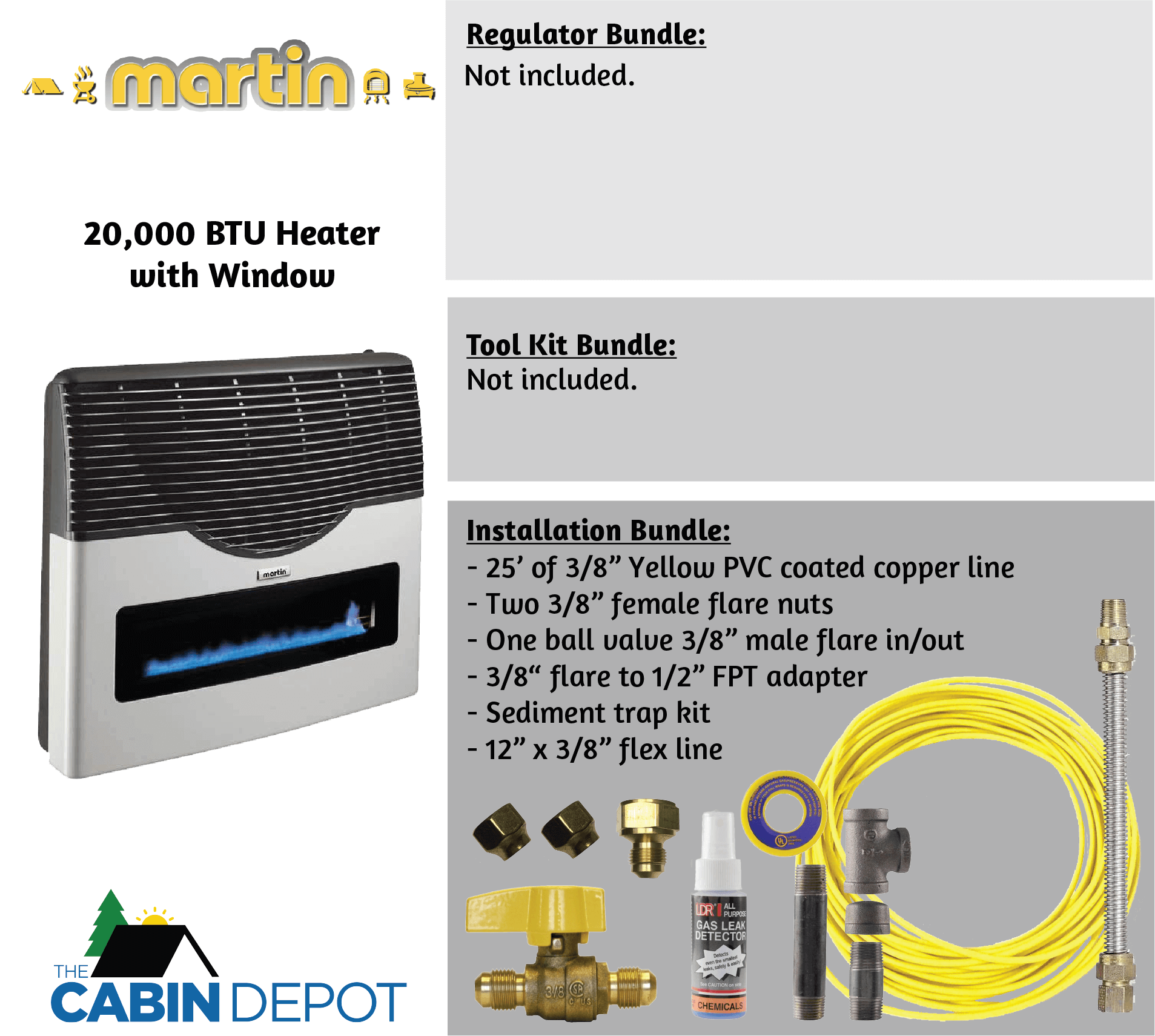 Martin 20,000 BTU Propane Heater with window, installation kit details, available at The Cabin Depot. No electricity needed.