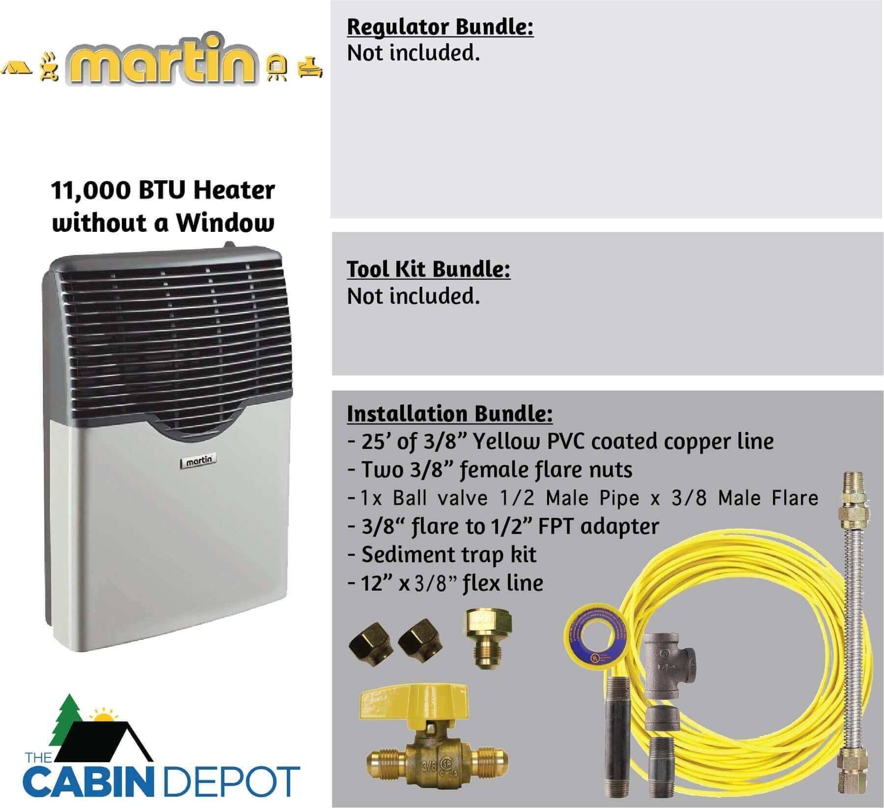 Martin 11,000 BTU Direct Vent Propane Heater MDV12P available at Cabin Depot with installation bundle details, perfect for off-grid use.