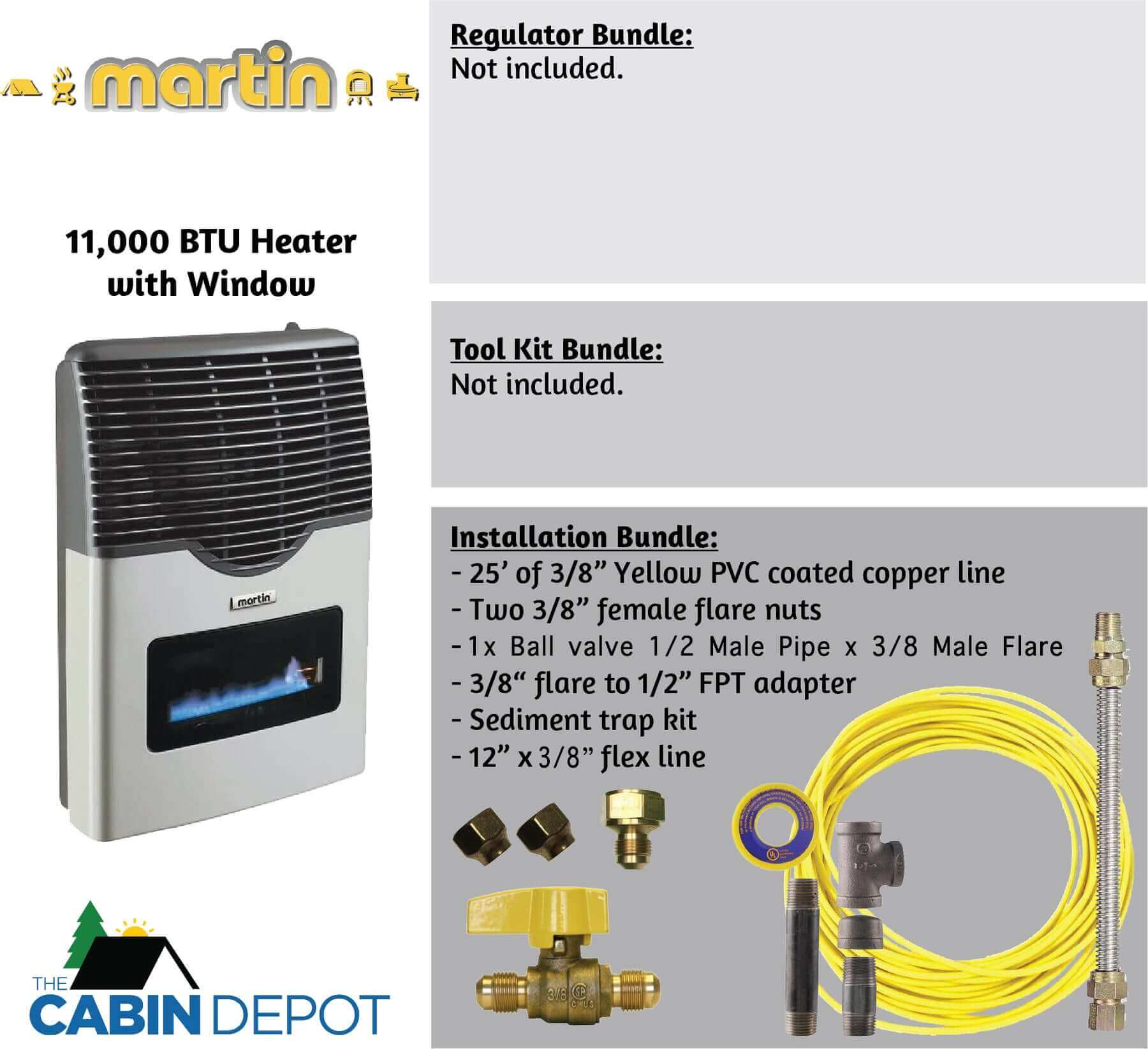 Martin 11,000 BTU Propane Heater with installation kit options by Cabin Depot. Perfect for off-grid heating solutions. Free shipping in Canada.