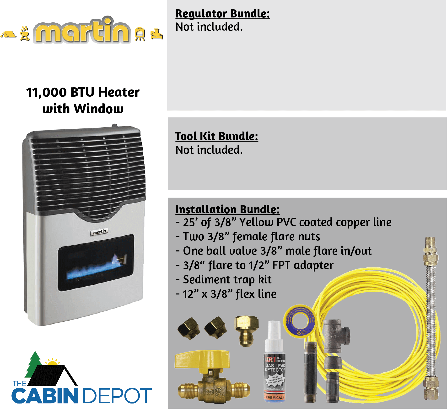 Martin 11,000 BTU Direct Vent Propane Heater with installation bundle from The Cabin Depot for off-grid use.
