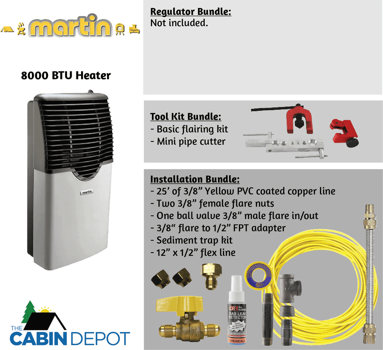 Martin 8000 BTU Direct Vent Propane Heater with installation kit, ideal for off-grid use. Available at The Cabin Depot.