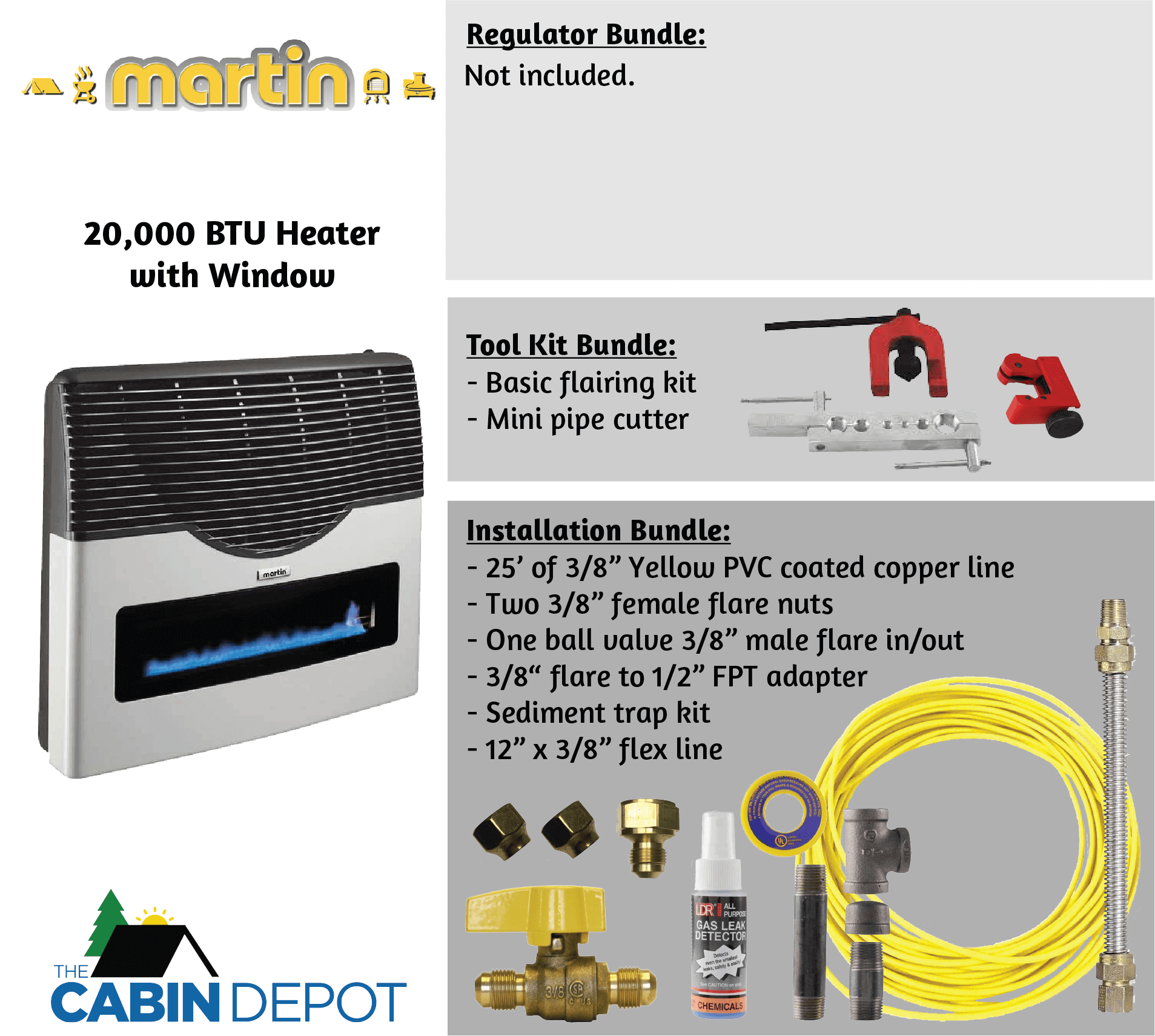Martin 20,000 BTU Propane Heater with accessories and Cabin Depot logo for off-grid heating solutions.