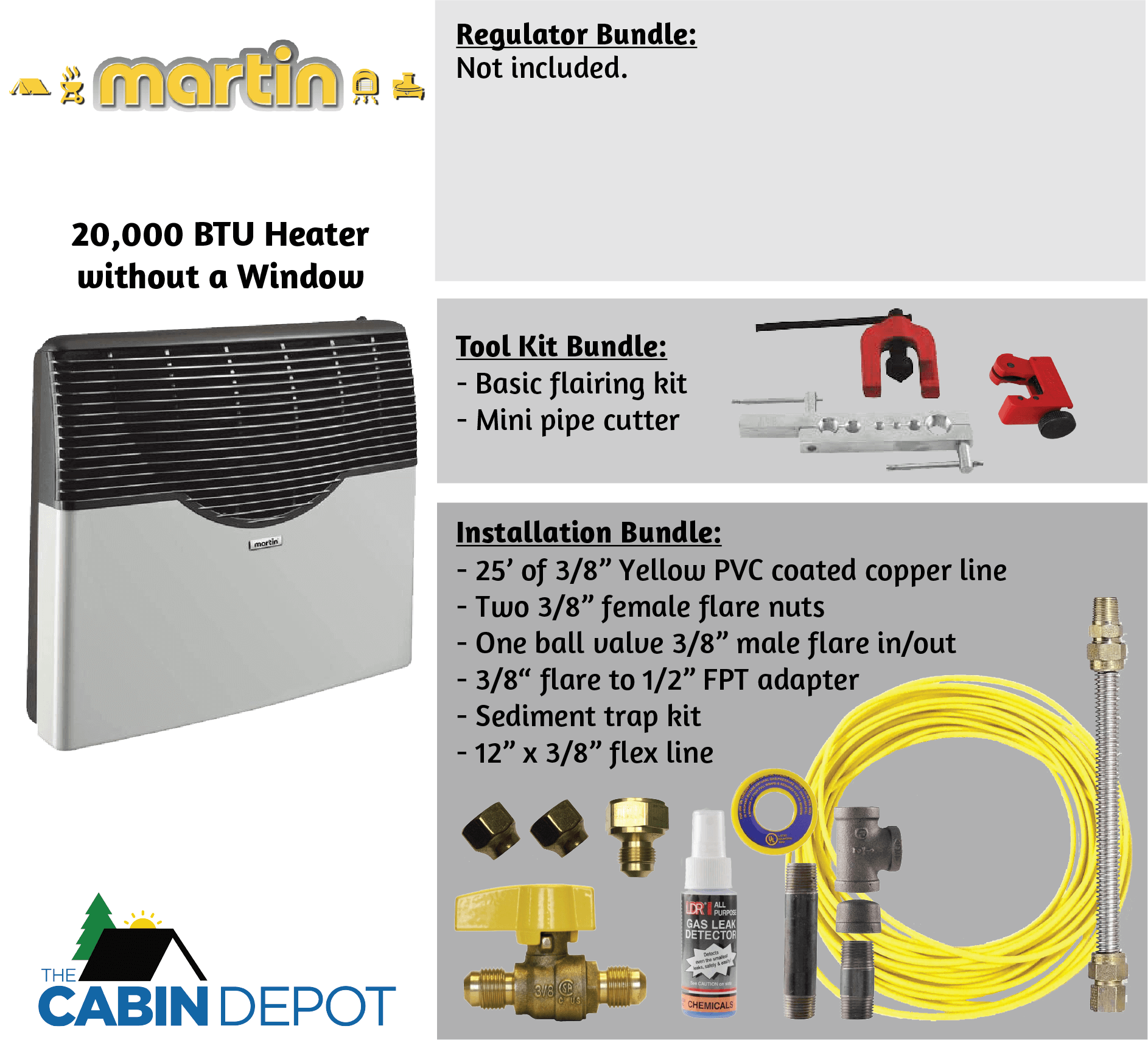 Martin 20,000 BTU Direct Vent Heater, accessories, tool and installation bundles. Available at The Cabin Depot. No window variant.