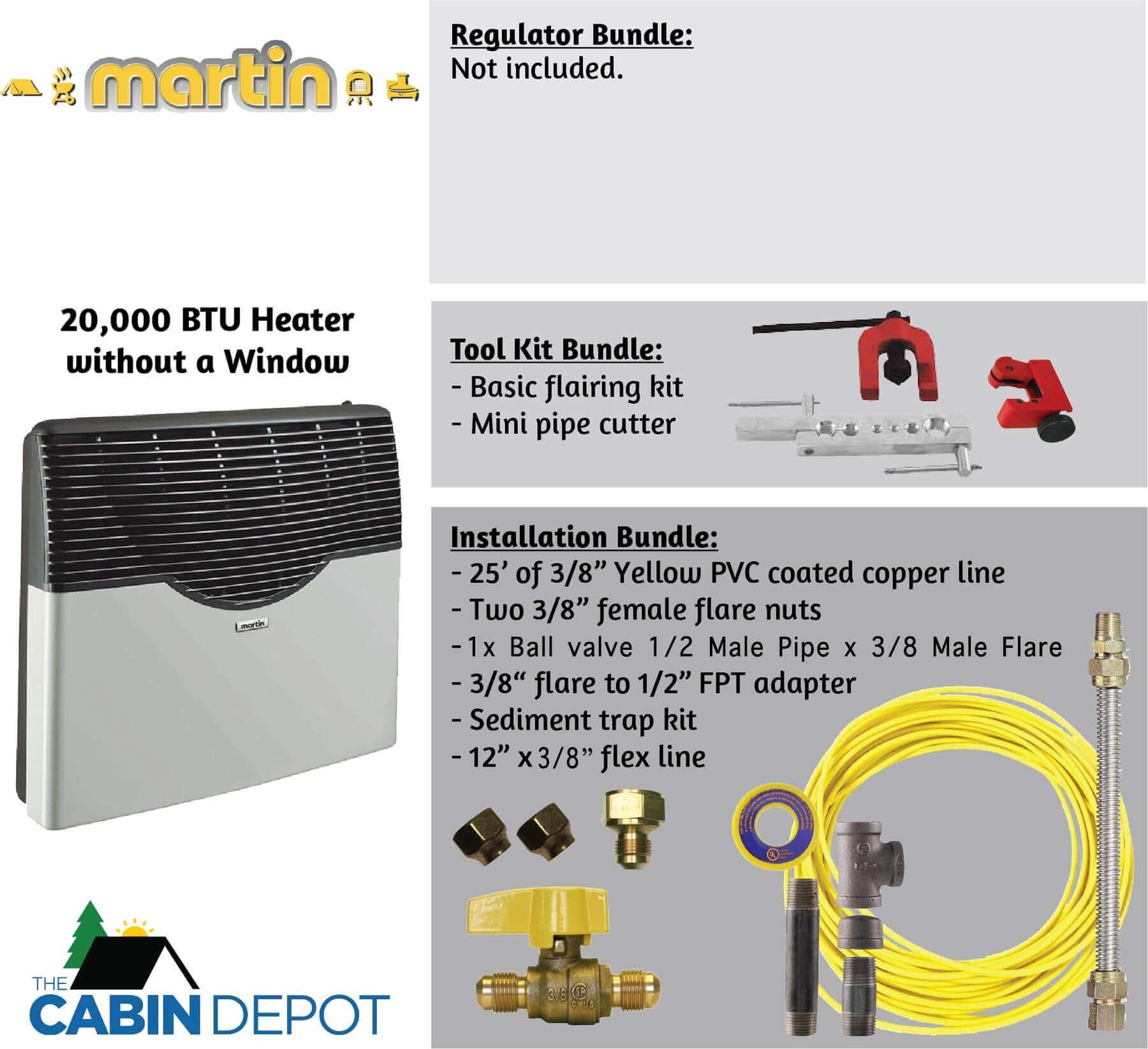 Martin 20,000 BTU Direct Vent Propane Heater without Window from Cabin Depot, featuring installation and tool kit bundles.