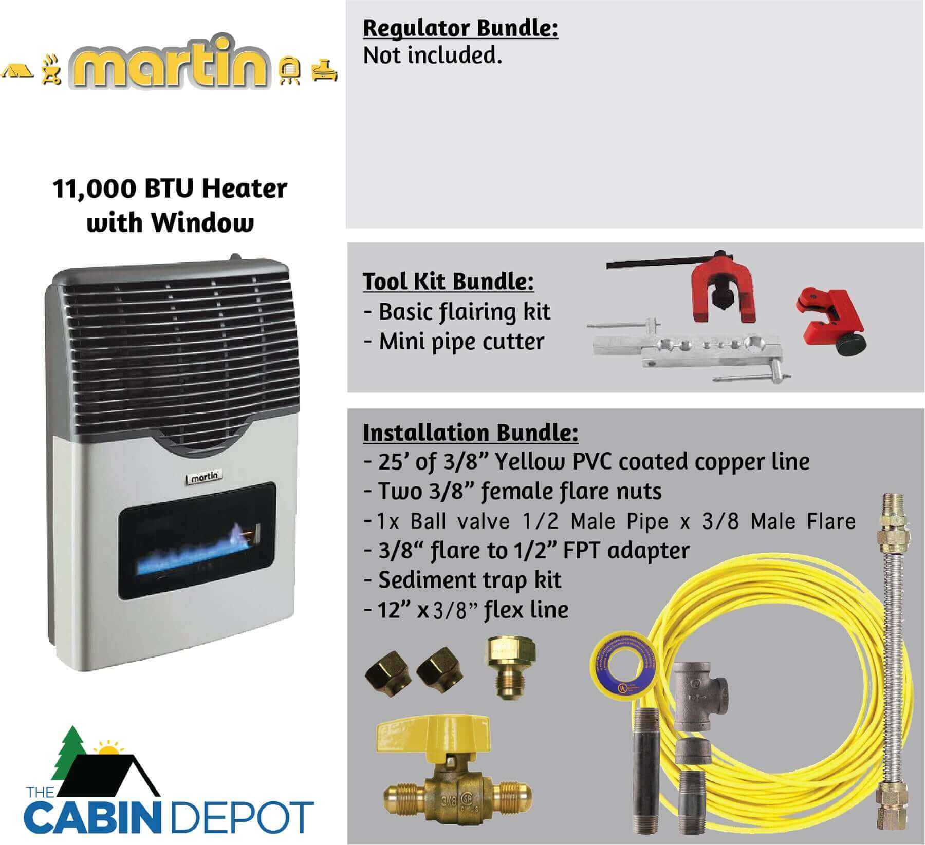 Martin 11,000 BTU Propane Heater with installation kit and tools from Cabin Depot, ideal for off-grid heating solutions.