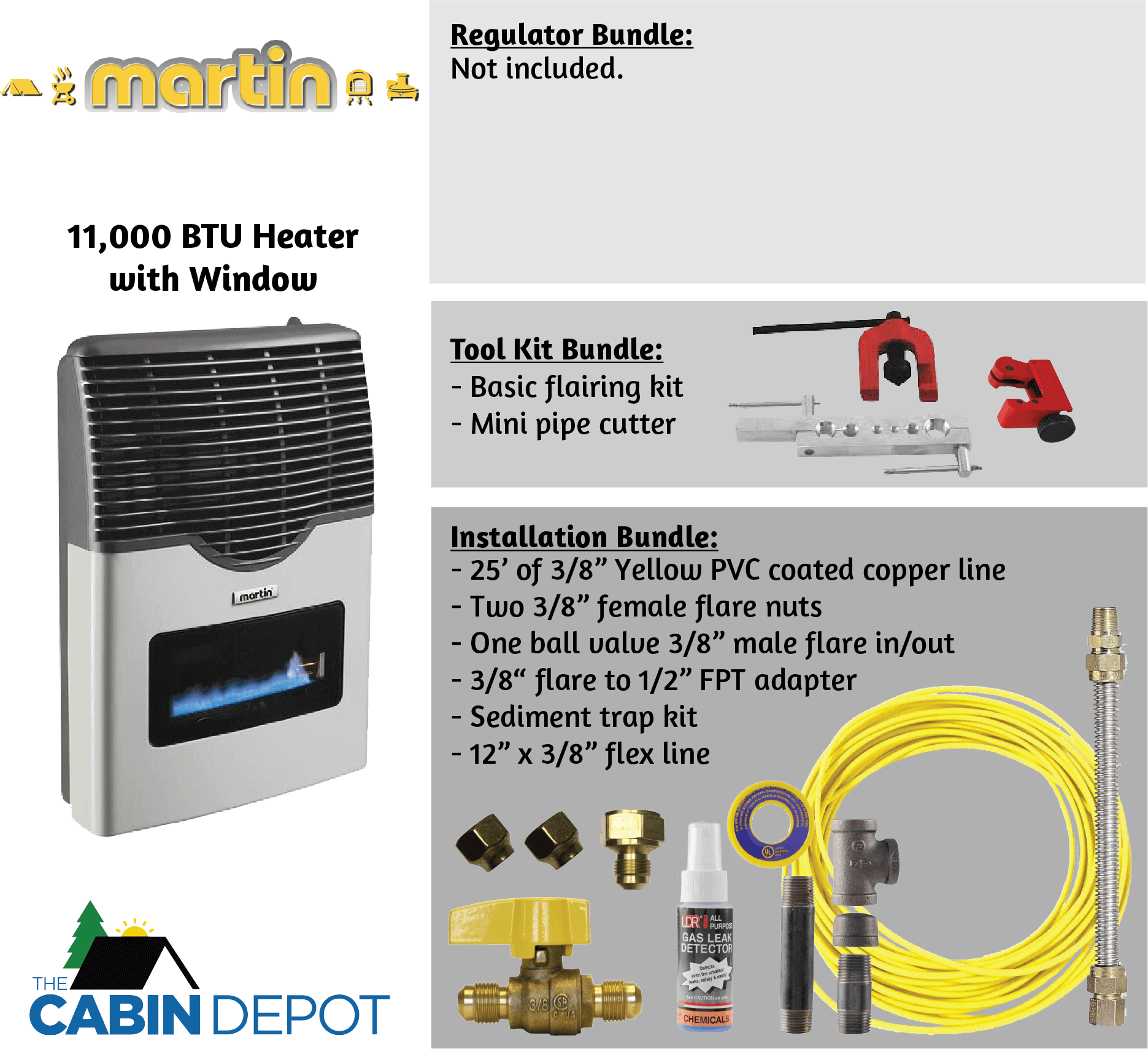 Martin 11,000 BTU Propane Heater with Window from The Cabin Depot, includes tool and installation bundles, perfect for cabins.