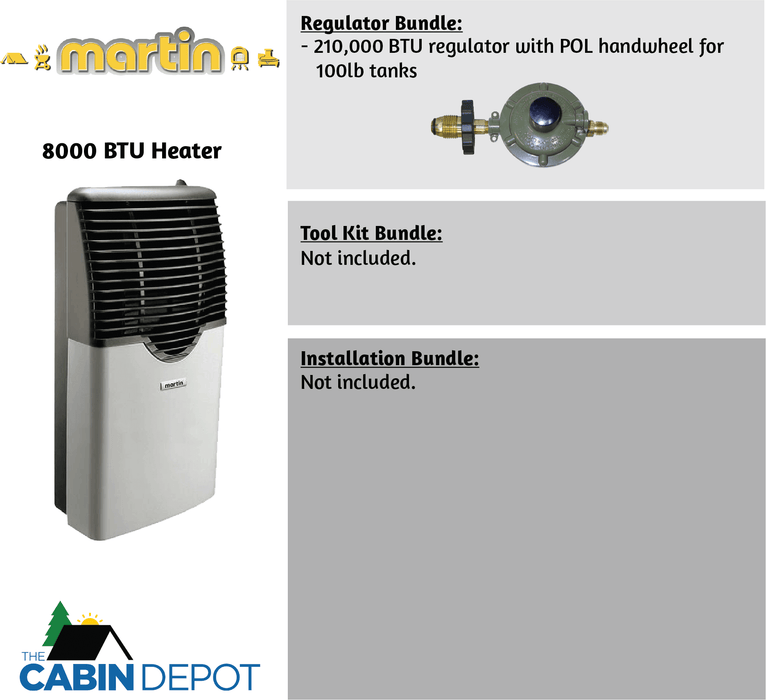 Martin 8000 BTU Direct Vent Propane Heater by Cabin Depot, includes regulator, ideal for off-grid cabins, no electricity required.