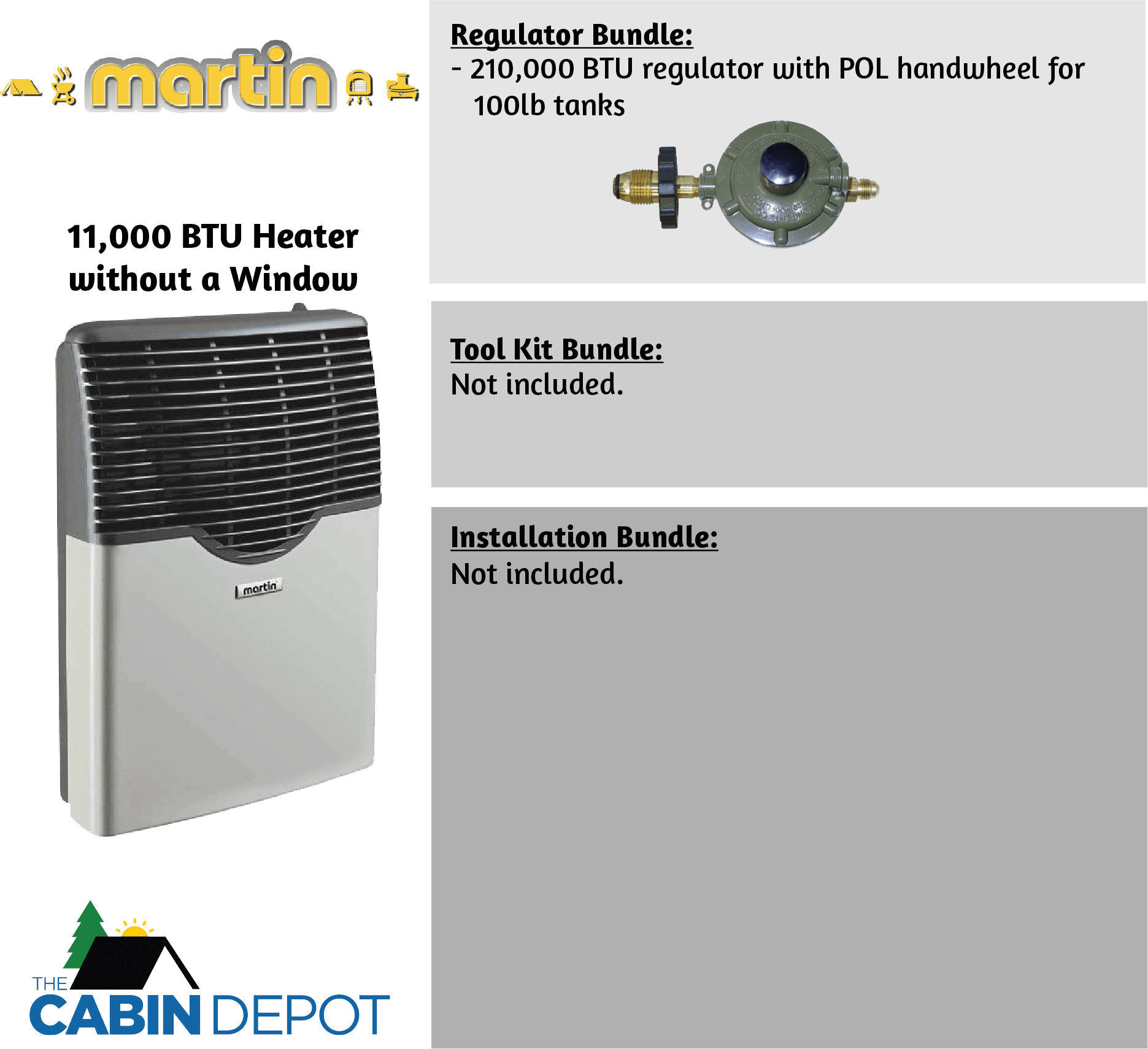 Martin 11,000 BTU Direct Vent Propane Heater MDV12P, perfect for off-grid cabins; includes 210,000 BTU regulator. The Cabin Depot.