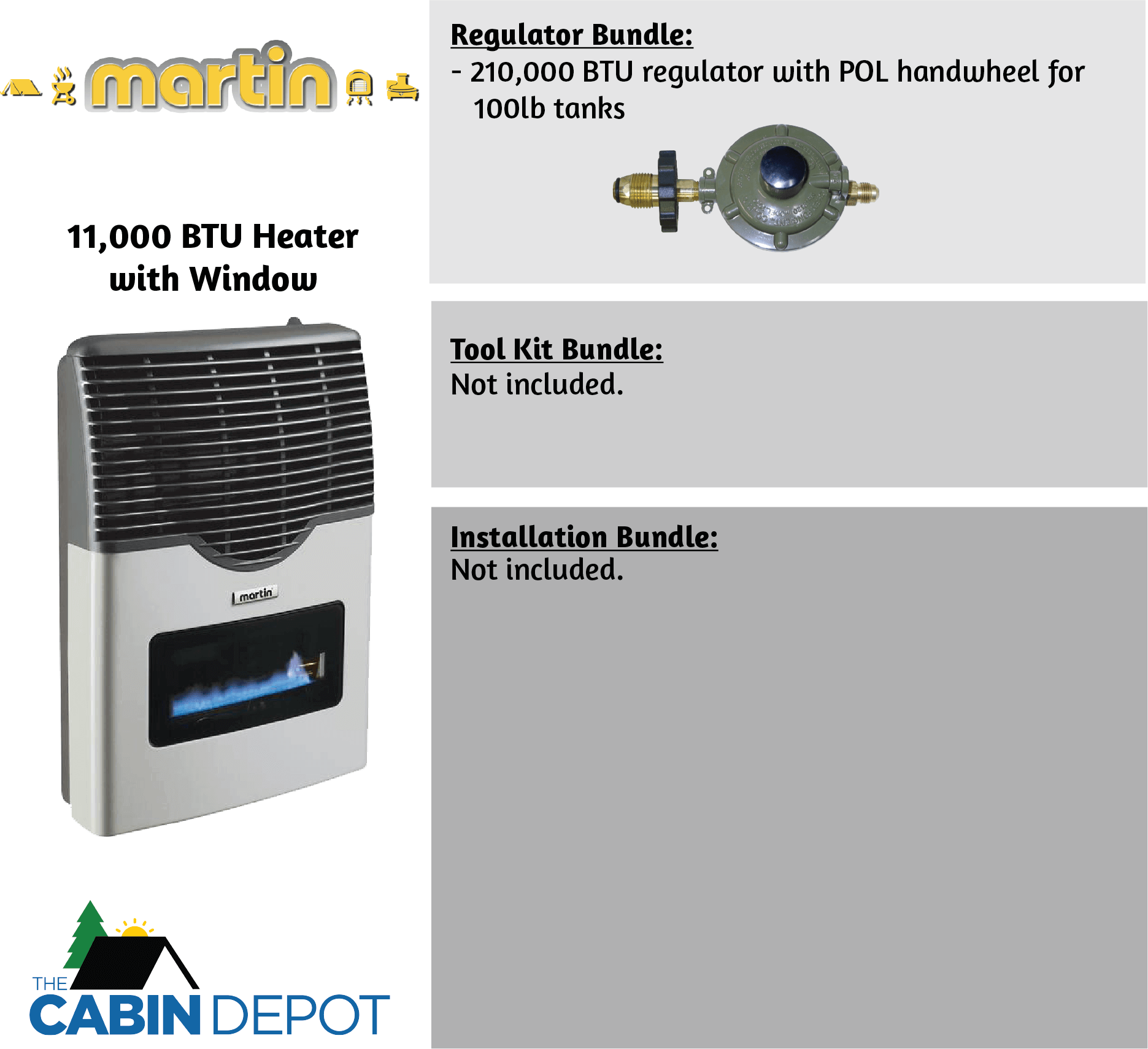 Martin 11,000 BTU Direct Vent Propane Heater with window, available at The Cabin Depot. Ideal for cabins, off-grid and no electricity setups.
