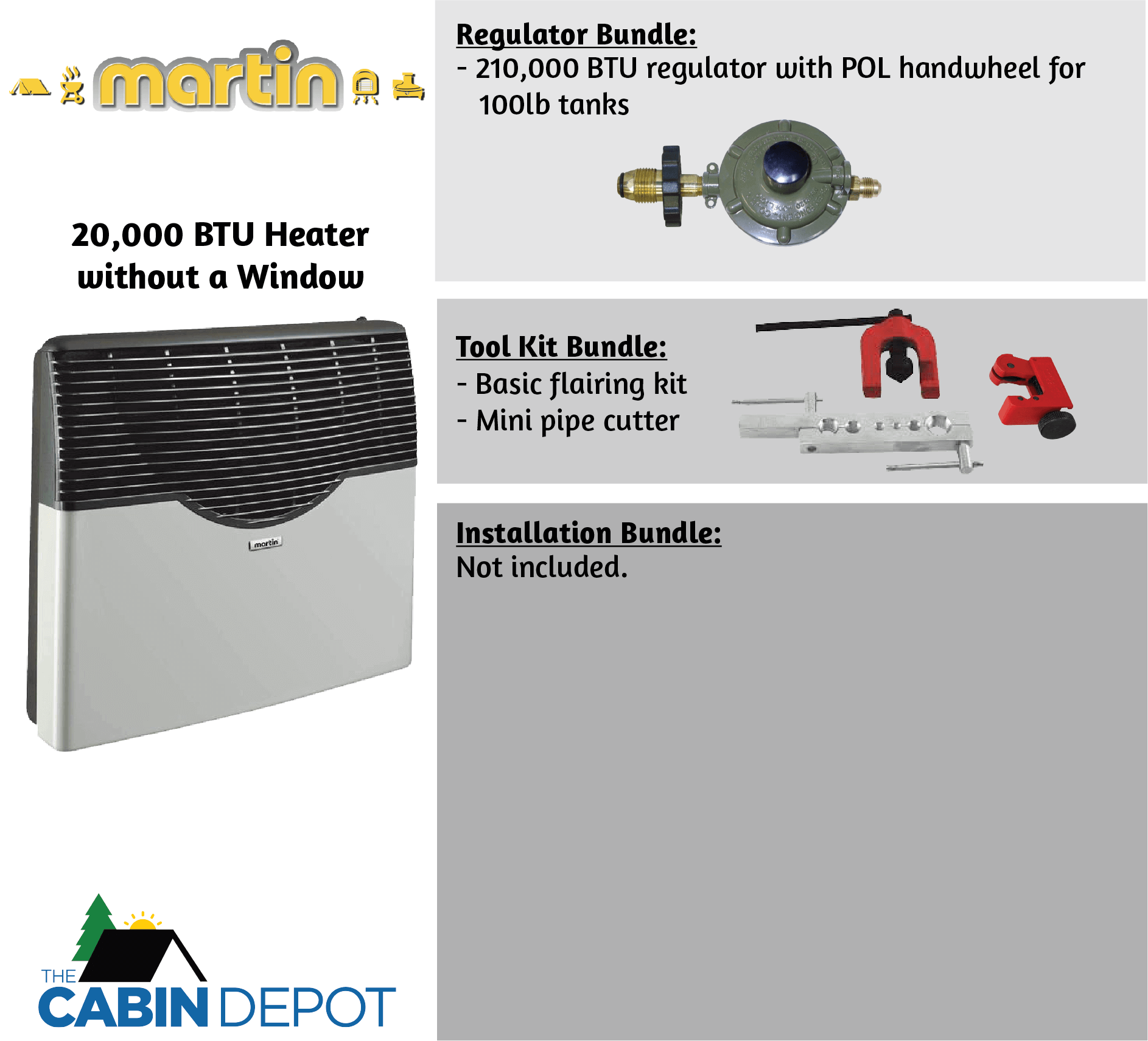 Martin 20,000 BTU Direct Vent Heater without Window, regulator and tool kit, available at The Cabin Depot