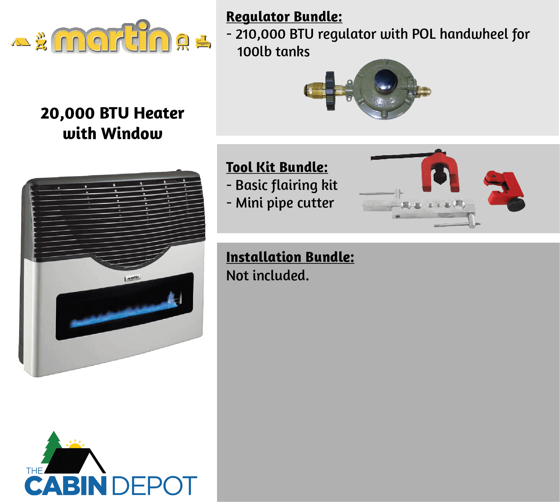 Martin 20,000 BTU Direct Vent Propane Heater with window, regulator, and tool kit bundles available at The Cabin Depot.