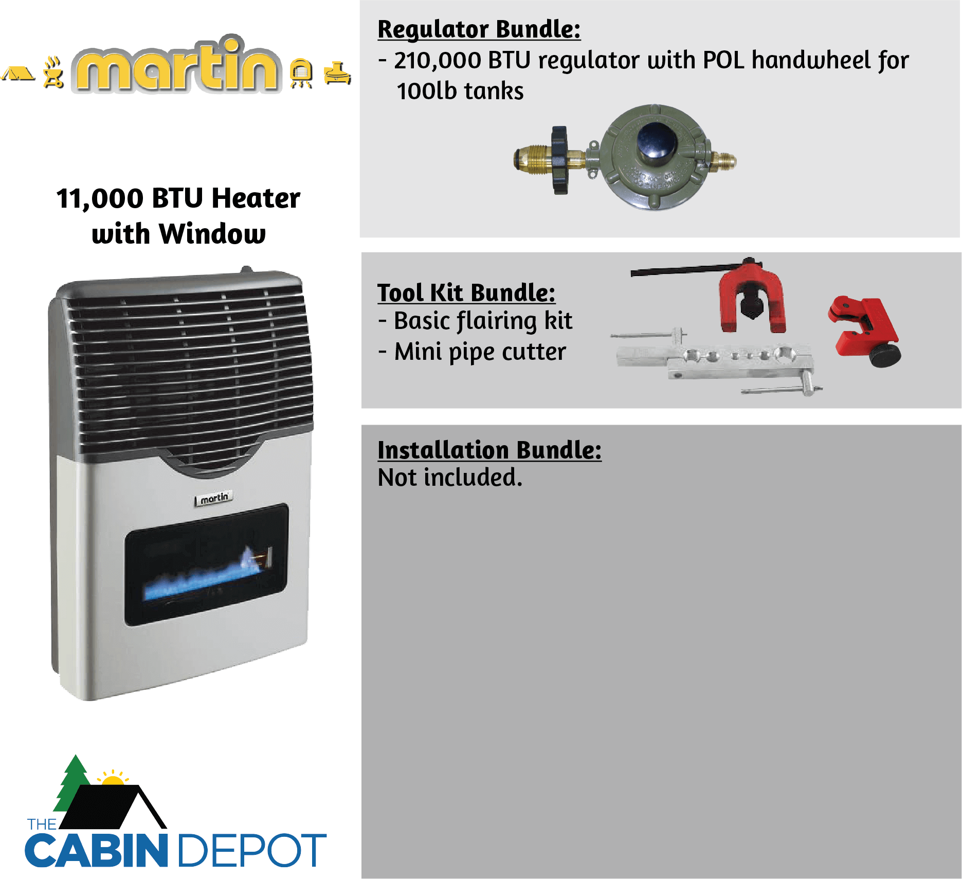 Martin 11,000 BTU Direct Vent Propane Heater with ceramic glass window by Cabin Depot, shown with accessories and bundles.