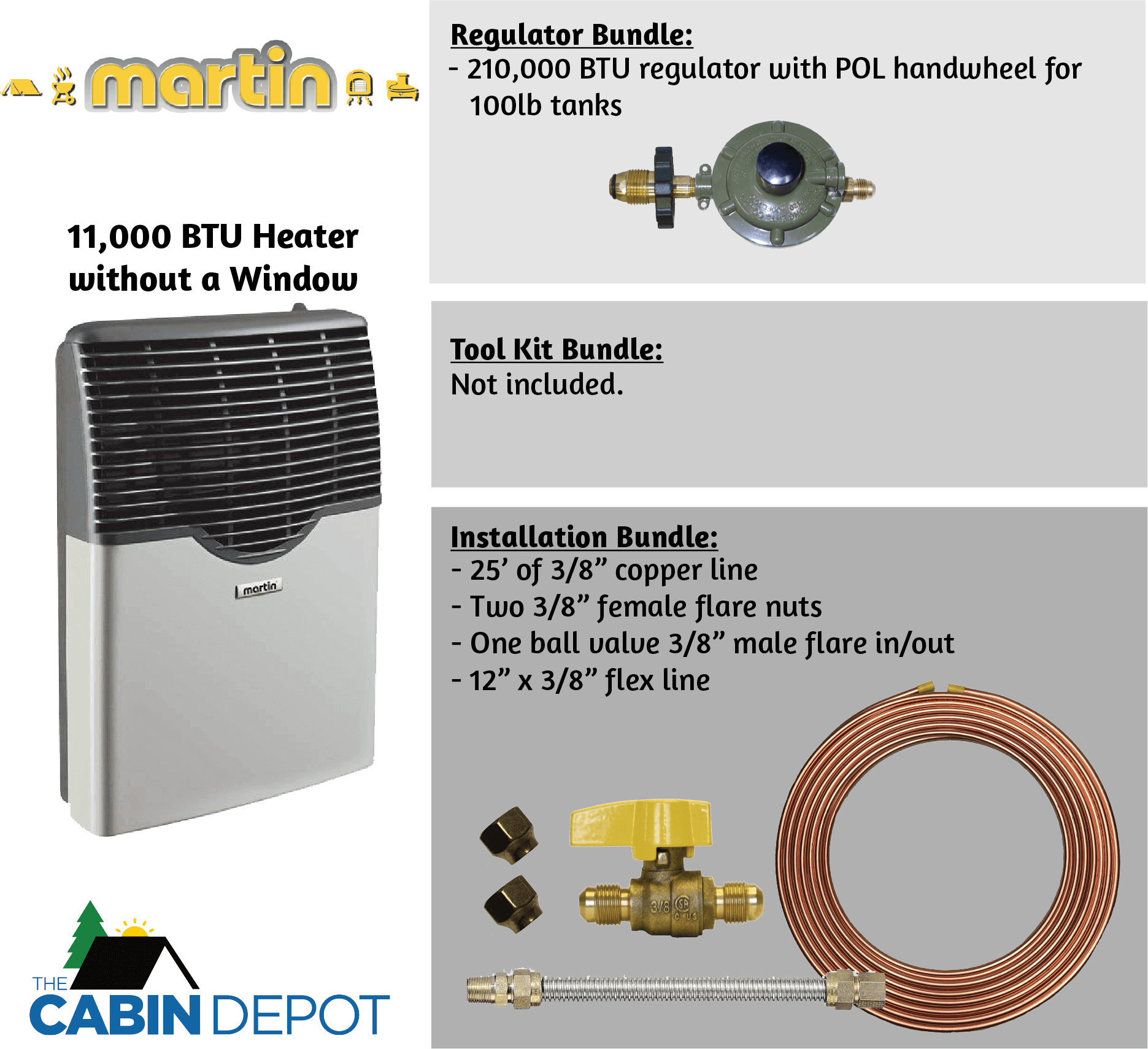 Martin 11,000 BTU Direct Vent Propane Heater with installation bundle, available at The Cabin Depot.