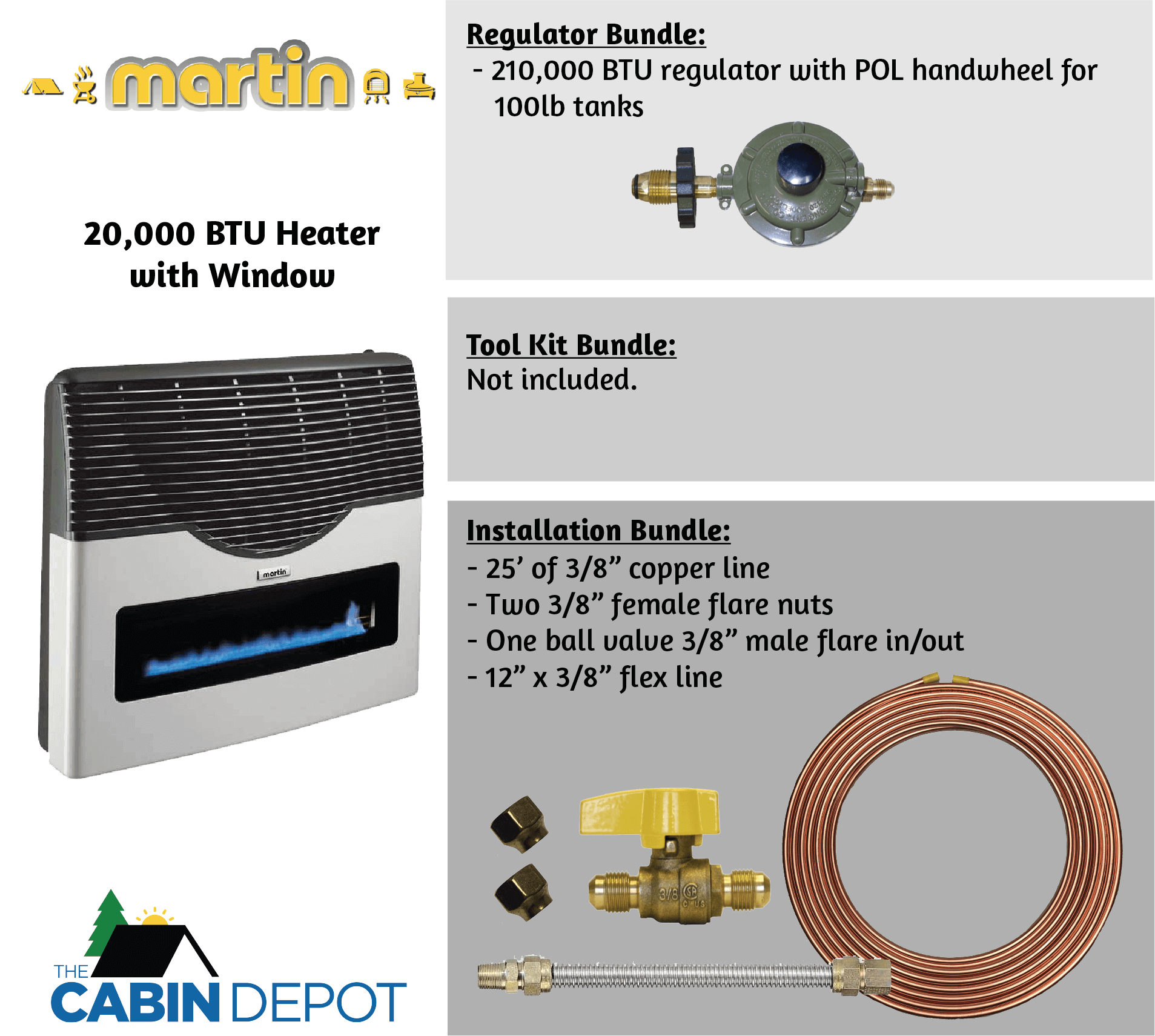 Martin 20,000 BTU Direct Vent Propane Heater with installation and regulator bundles from The Cabin Depot.