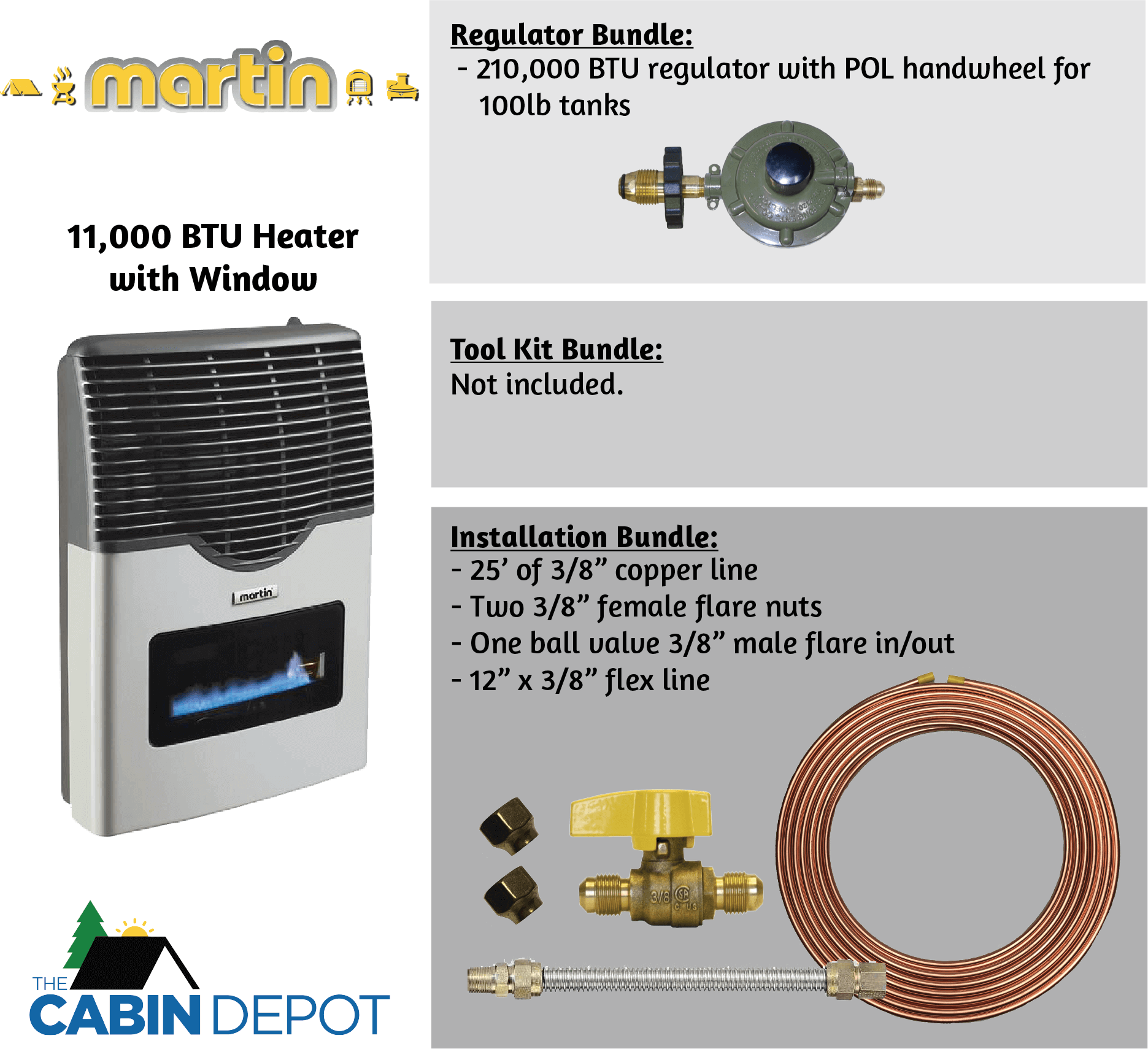 Martin 11,000 BTU direct vent propane heater with window, Cabin Depot installation bundle, regulator for 100lb tanks included.