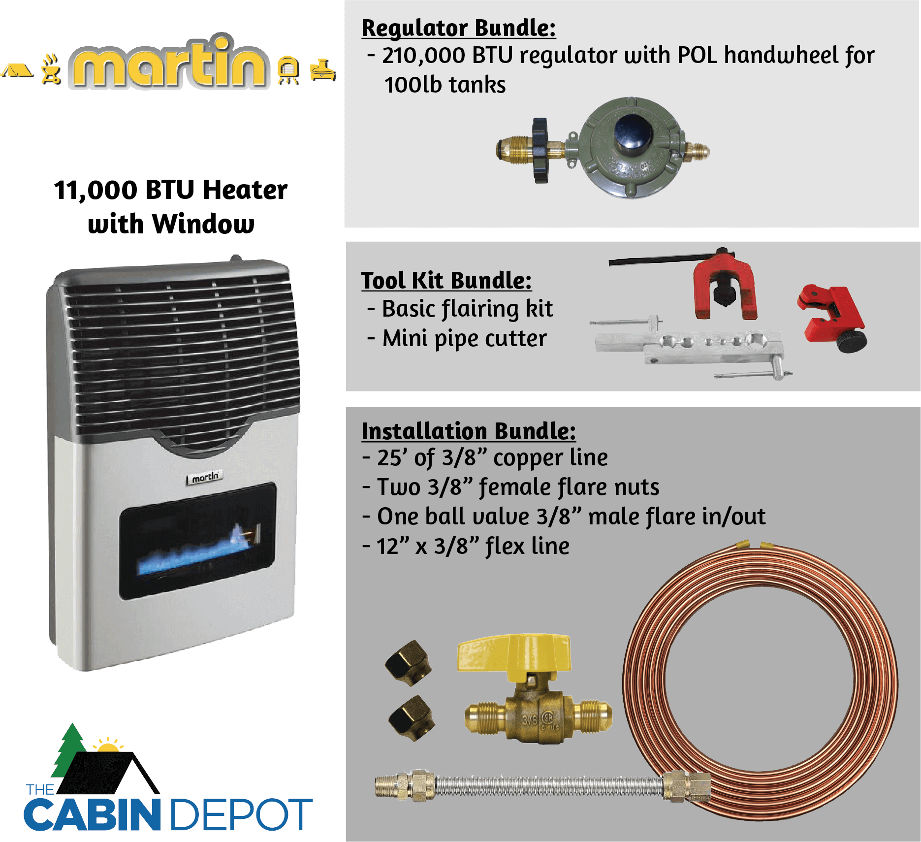 Martin 11,000 BTU Propane Heater with window and installation kit, available at Cabin Depot for efficient, off-grid heating.