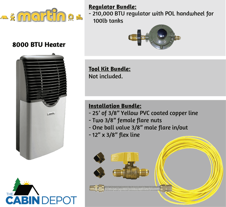 Martin 8000 BTU Direct Vent Propane Heater with regulator and installation bundle from The Cabin Depot.