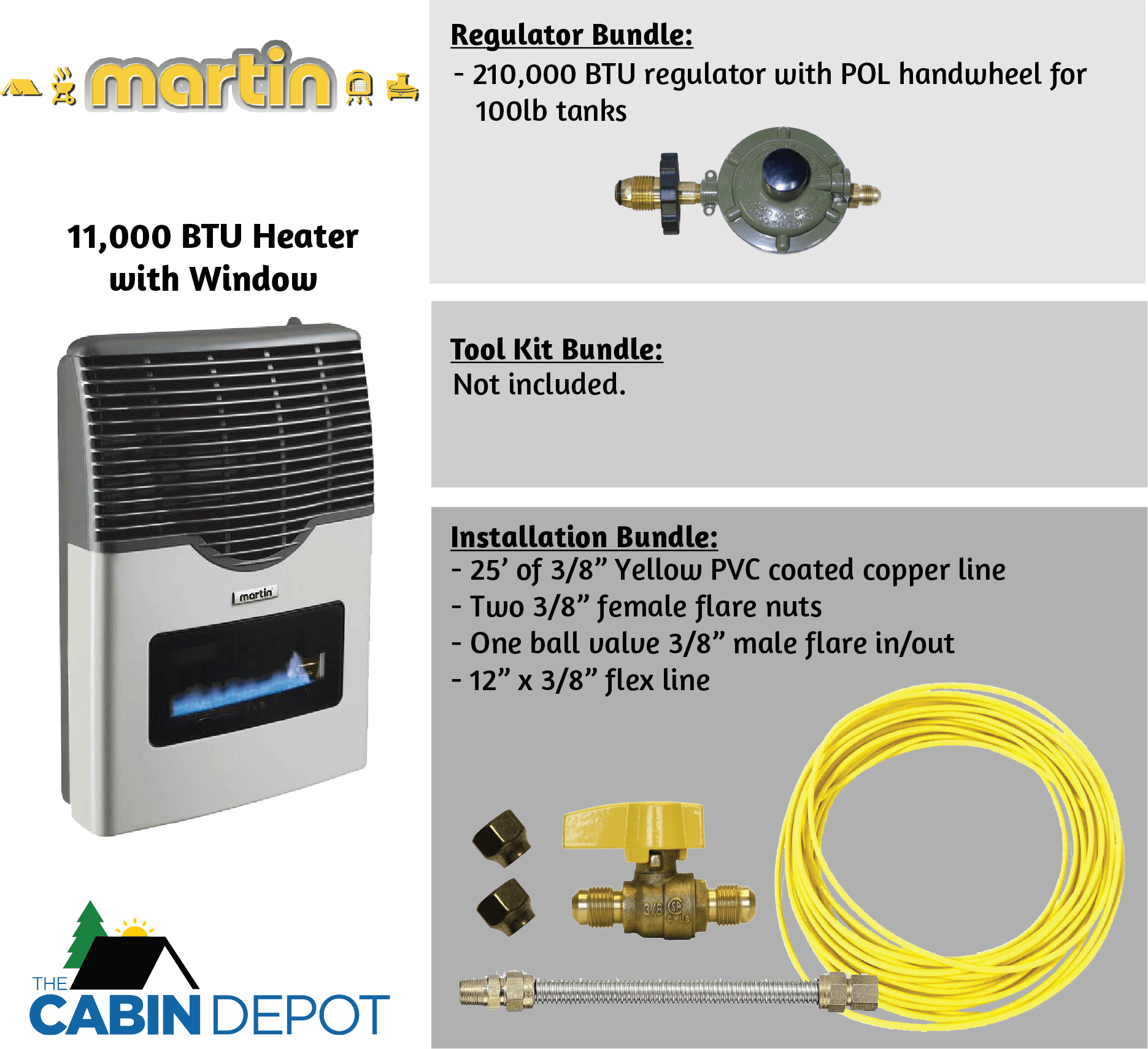 Martin 11,000 BTU Propane Heater with Window, Regulator Bundle, Installation Kit from The Cabin Depot.