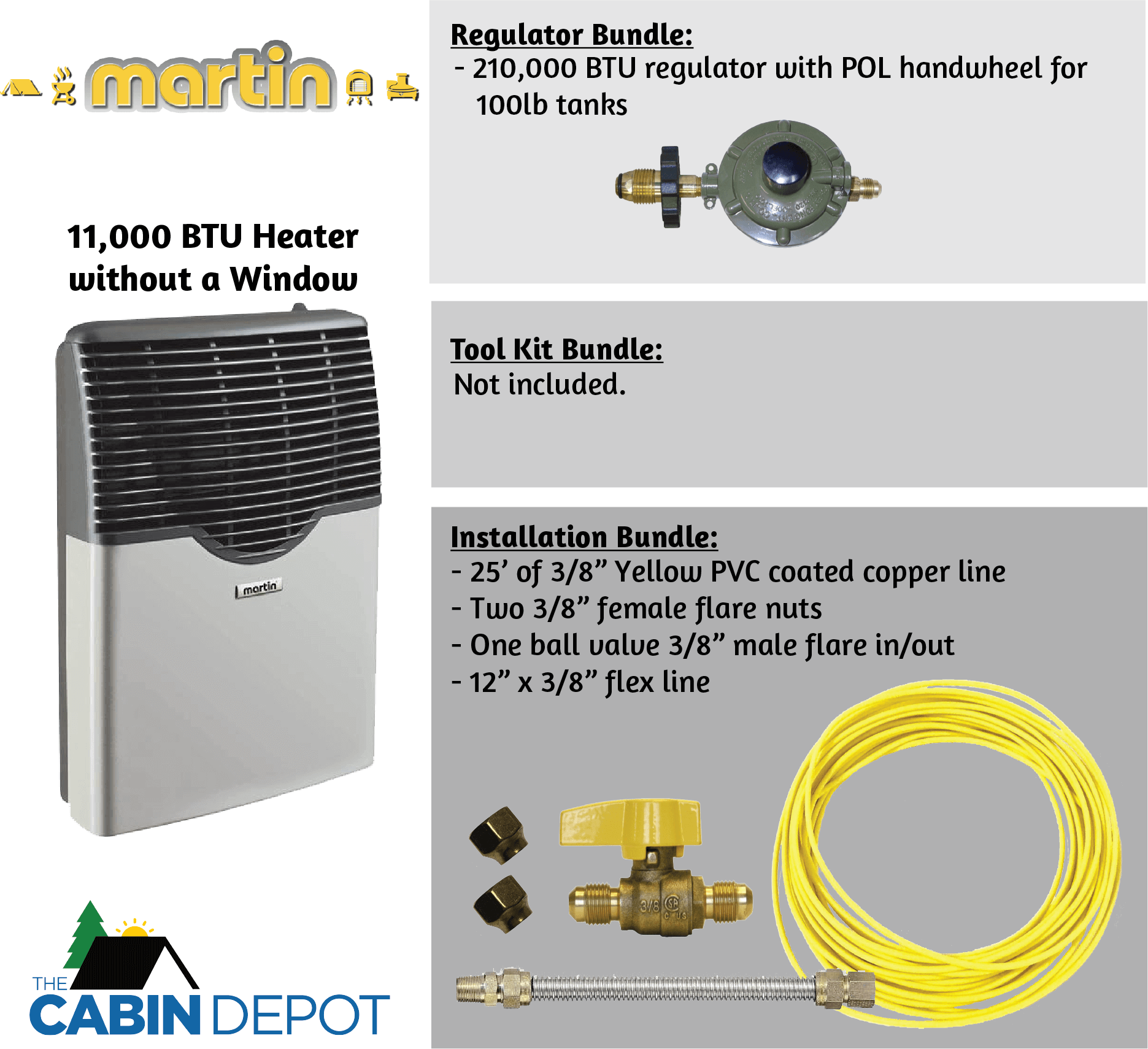 Martin 11,000 BTU Direct Vent Propane Heater MDV12P bundle shown with accessories, available at The Cabin Depot.