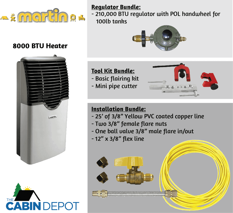 Martin 8000 BTU Direct Vent Propane Heater with Installation, Regulator, and Tool Kit Bundles - The Cabin Depot