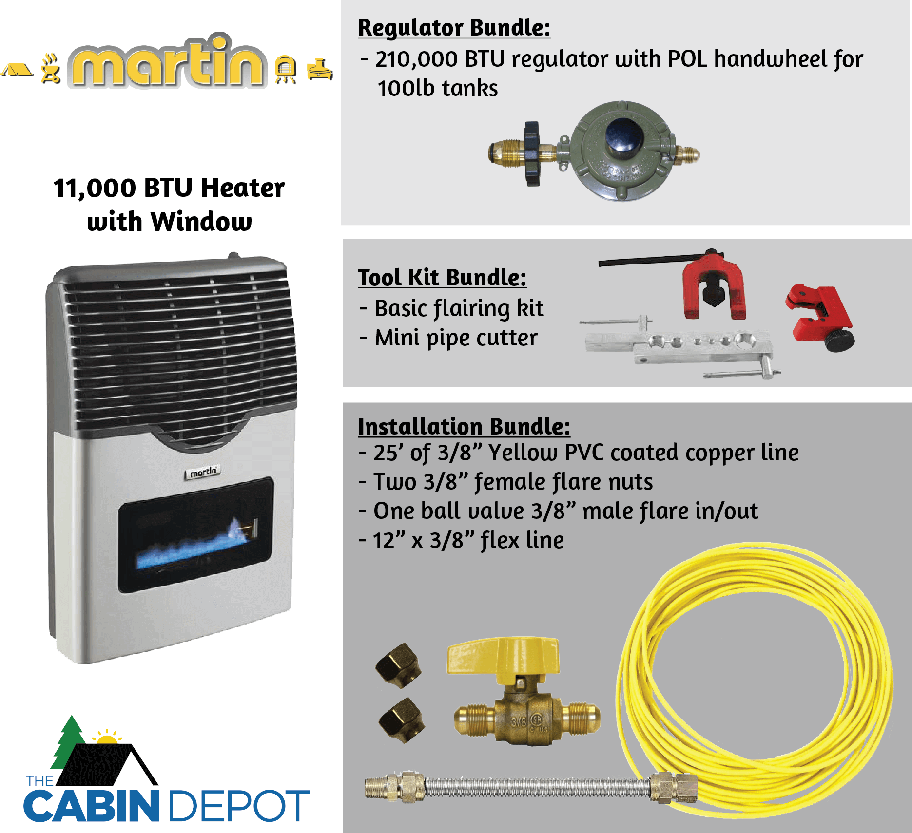 Martin 11,000 BTU Direct Vent Propane Heater with window, regulator, tool kit, and installation bundle from Cabin Depot.