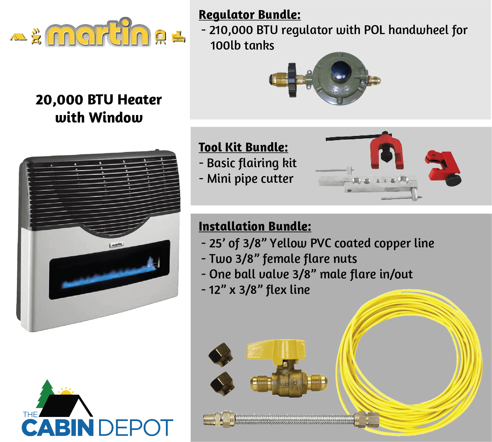 Martin 20,000 BTU Direct Vent Propane Heater with accessory bundles from Cabin Depot, perfect for off-grid use and easy installation.