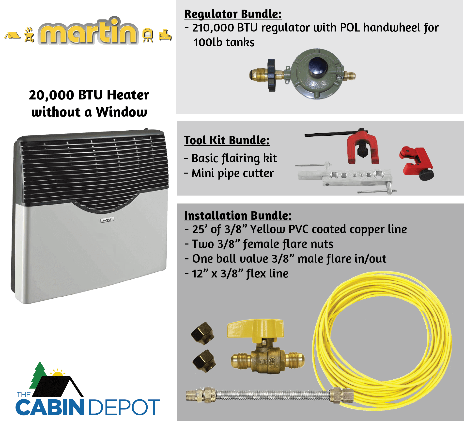 Martin 20,000 BTU Direct Vent Propane Heater with accessories, available at The Cabin Depot. Includes regulator, toolkit, and installation bundle.