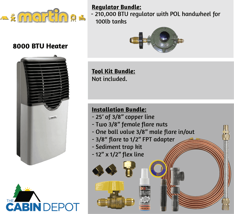 Martin 8000 BTU Direct Vent Propane Heater with installation bundle from The Cabin Depot - Ideal for off-grid heating solutions.