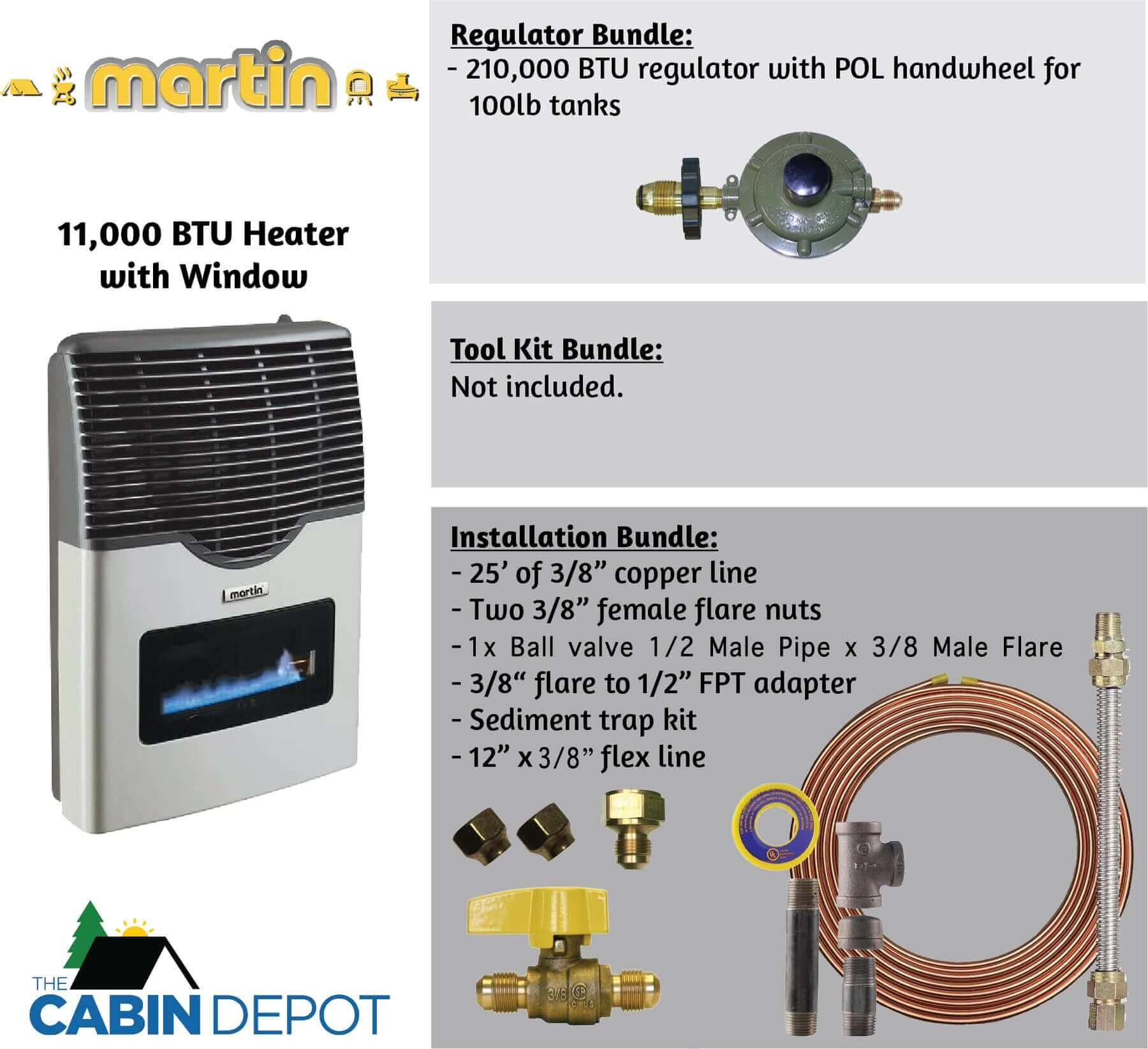 Martin 11,000 BTU Direct Vent Propane Heater with installation kit from Cabin Depot. No electricity needed. Perfect for off-grid cabins.