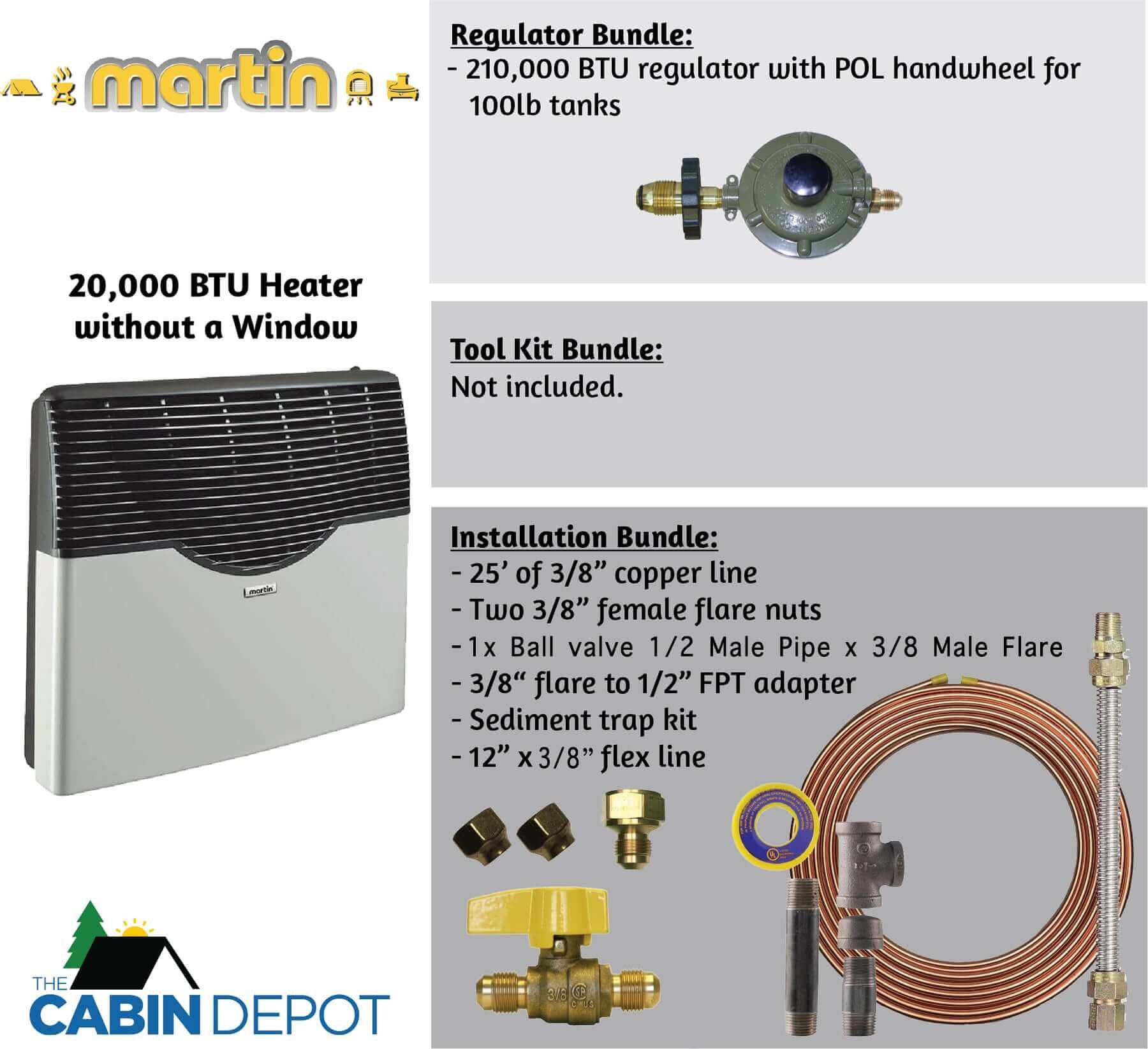 Martin 20,000 BTU Direct Vent Propane Heater with accessories from The Cabin Depot, perfect for off-grid cabin heating.